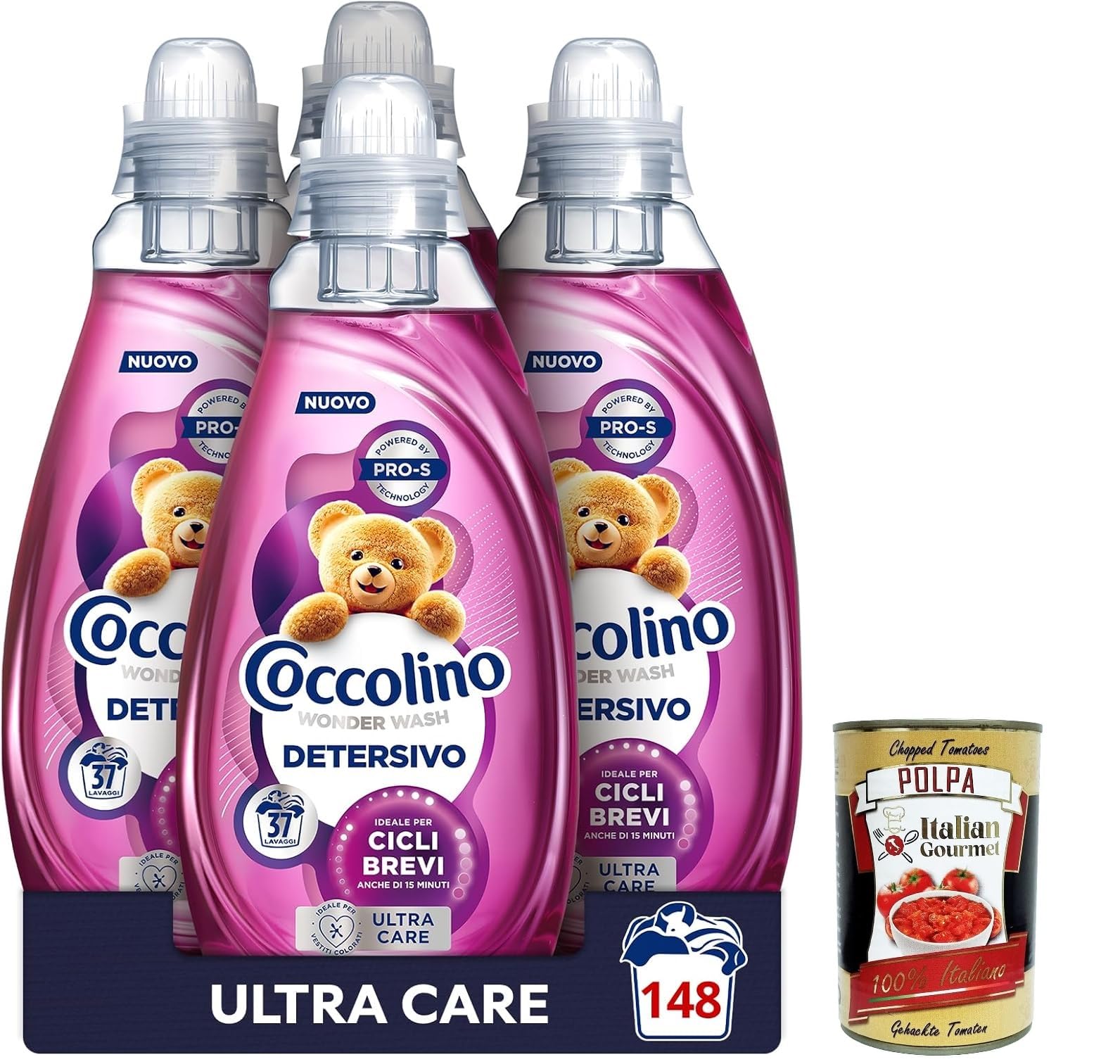 Italian Gourmet detersivo liquido per lavatrice 4 x 1480ml Ultra 37 Wäschen | Cura capi delicati, starke Reinigungskraft, angenehmer Duft für bunte und, Gesamtnettogewicht 5,92 L + Kostenlos Polpa 400g