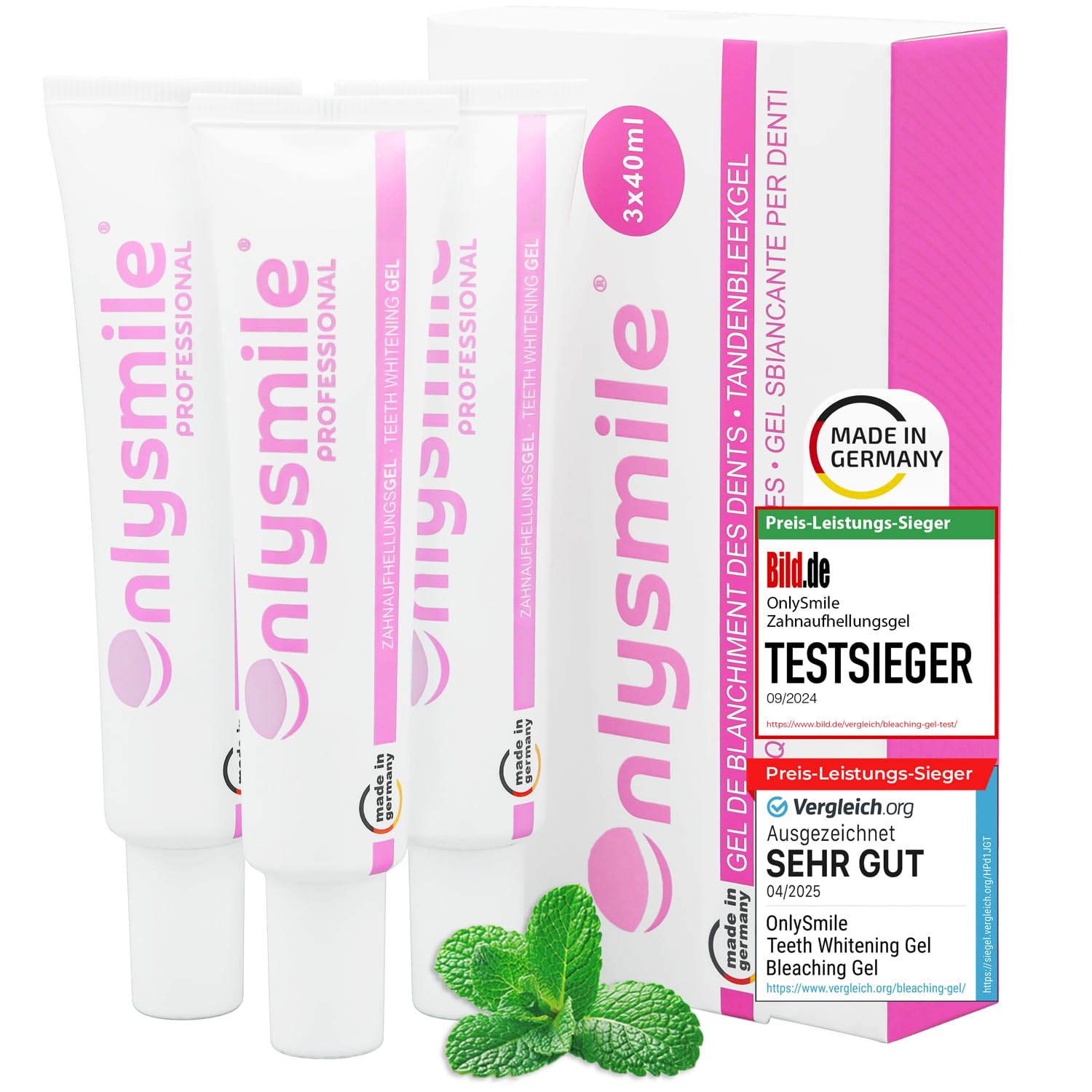 OnlySmile Confezione da 3 gel sbiancante per denti bianchi Vincitore del test 2024-2025 | 9+ sfumature in 5 giorni | Gel sbiancante vegano per sbiancamento dei denti | Sbiancamento dei denti a casa |