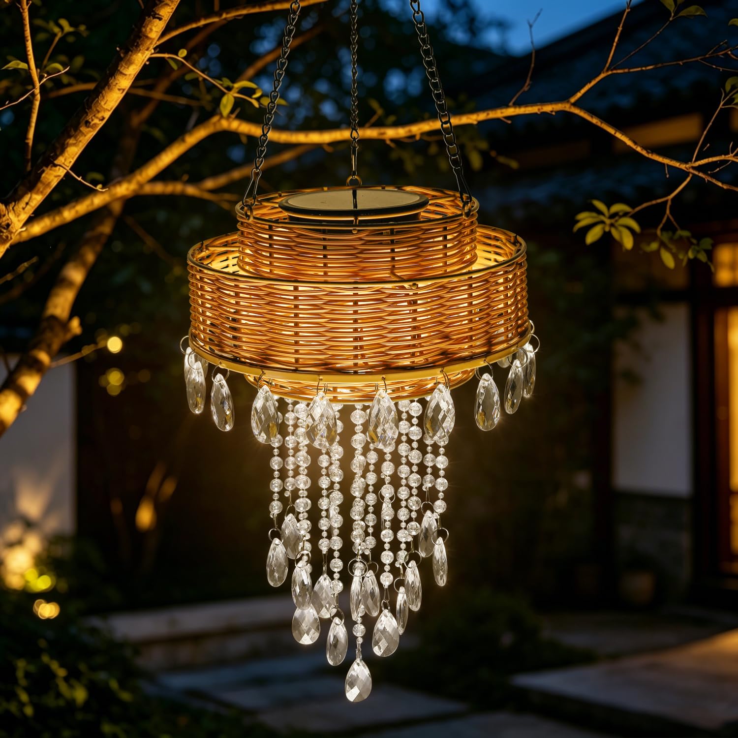 Photo 1 of Solar Outdoor Rattan Hanging Chandelier, Waterproof Boho Hanging Pendant Light with Bright Warm White LED, Crystal Decor for Patio, Gazebo, Yard, Wedding, Party, Porch