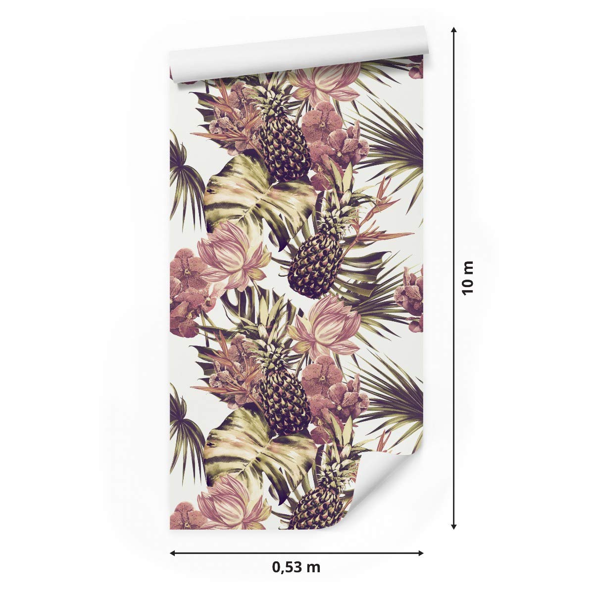 Muralo Papel Pintado Autoadhesivo Palmeras, Monstera, Flores - 10m x 50 cm | Revestimiento mural autoadhesivo en rollo, colocación en seco sin cola, despegar y pegar, lavable, para paredes y muebles