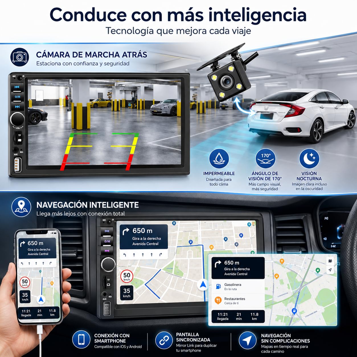 Autoradio Bluetooth 2 DIN con Carplay e Android Auto, 7 pollici con touchscreen 1080P Car Stereo supporta vivavoce/FM/Mirror Link/Wheel Control/porta USB/AUX/EQ/TF/WMA