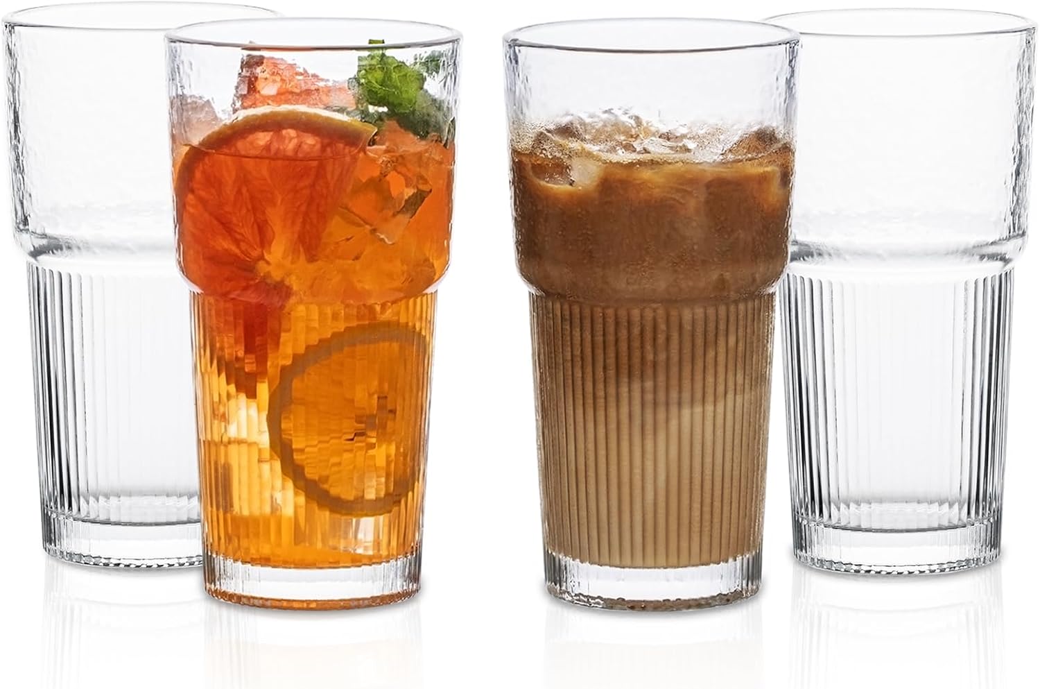 20oz Glass Tumblers Set of 4 – Stylish Ribbed Design Drinking Glasses for Iced Coffee Cups, Juice, Smoothies, Cold Beverages, Durable Glassware for Everyday Use and Special Occasions 20oz Glass Tumblers Set of 4 – Stylish Ribbed Design Drinking Glasses for Iced Coffee Cups, Juice, Smoothies, Cold Beverages, Durable Glassware for Everyday Use and Special Occasions