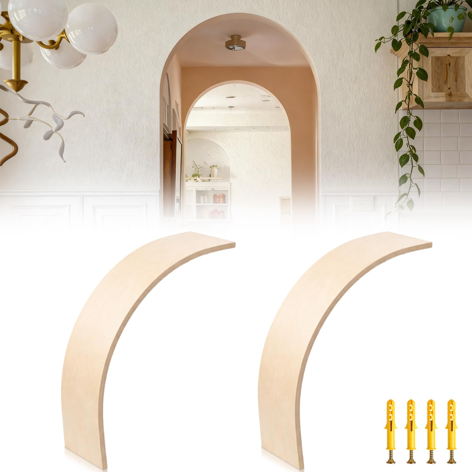 Yookeer 2 Pcs 10.75 x 10.75 x 3.54 Inches Wooden Doorway Arch Corner Kit with Screws Wood Rounded Arch Trim for Drywall Wall Renovation Paintable DIY Archway Molding for Entryway Living Room