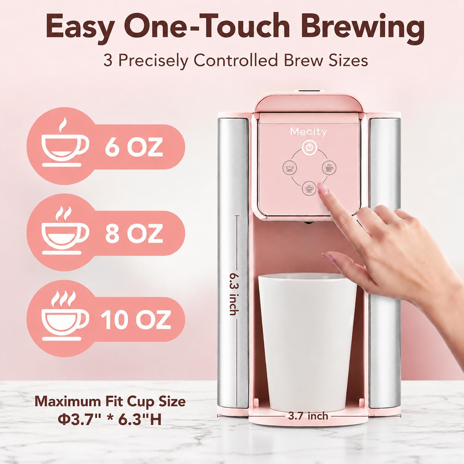 Mecity Cafetera rosa 3 en 1 de una sola porción, para cápsulas de café de fondo plano, café molido, taza de 6 a 10 onzas, depósito de agua extraíble de 50 onzas, 120 V y 1150 W