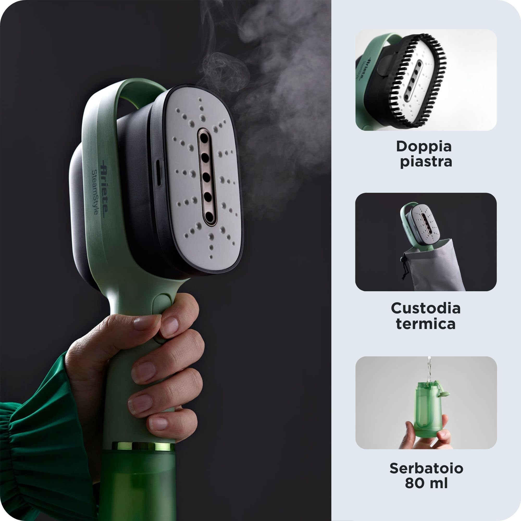 Ariete 4301/01 Steam Style Ferro da stiro verticale 1200W Colpo vapore 20g/min Vapore in 30 secondi Capacità 80ml Mint