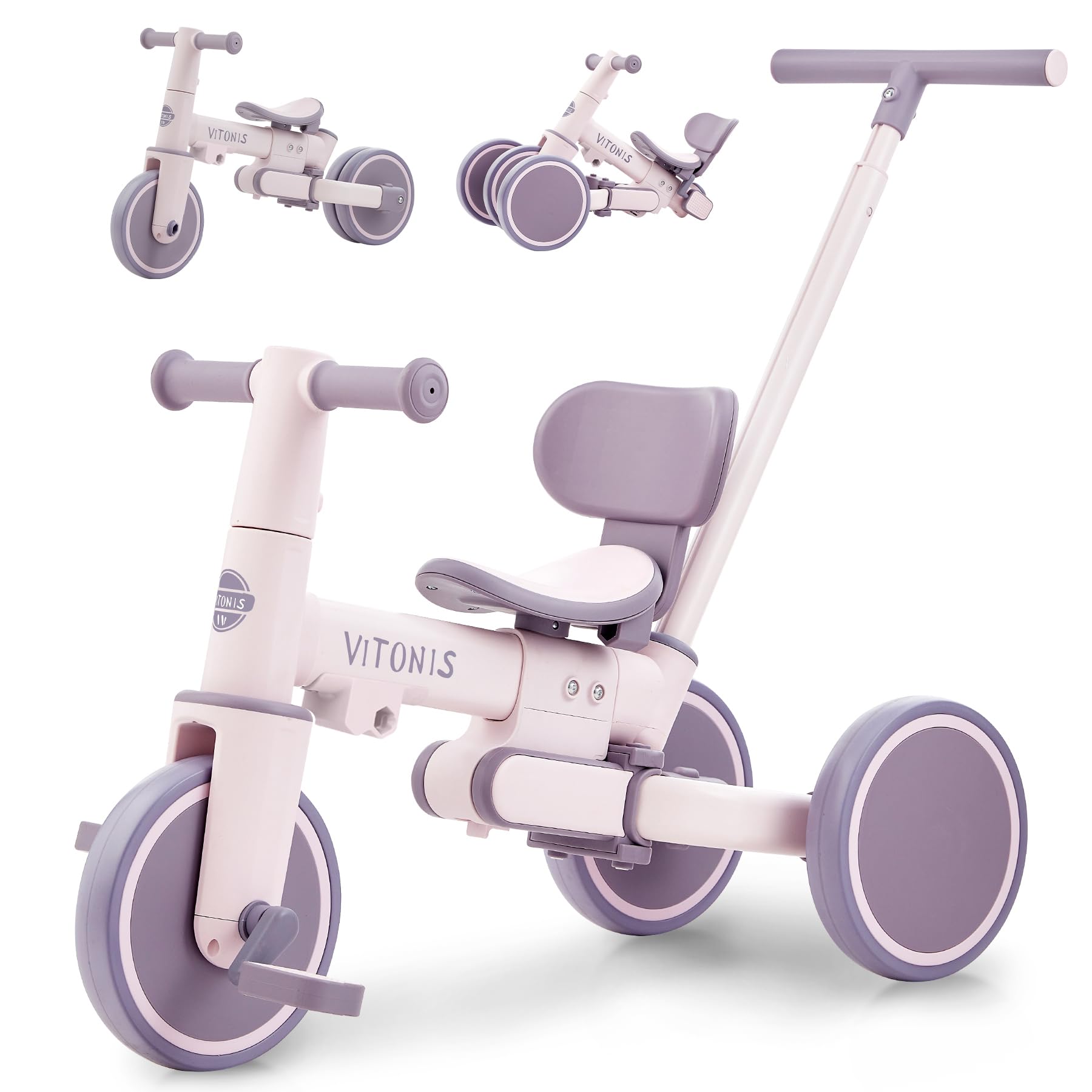 VITONIS bicicletta senza pedali da 1 anno, triciclo 5 in 1 con barra di spinta per bambini, girello per bambini da 1 a 4 anni Regali e giocattoli (viola)