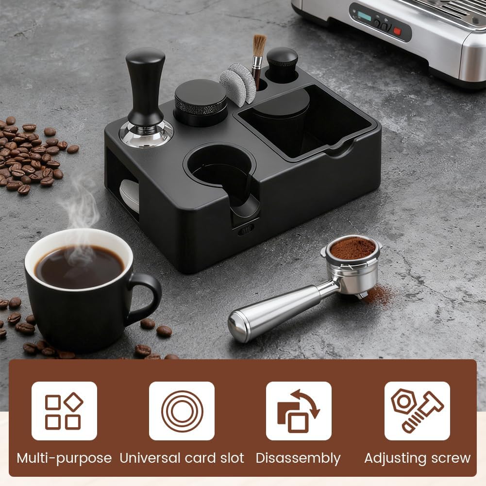 Espresso Tamping Station Organizer, Espresso Accessories Organizer for 51mm 54mm 58mm Portafilter & Tamper, Espresso Tool Organizer Station (ABS, Black)