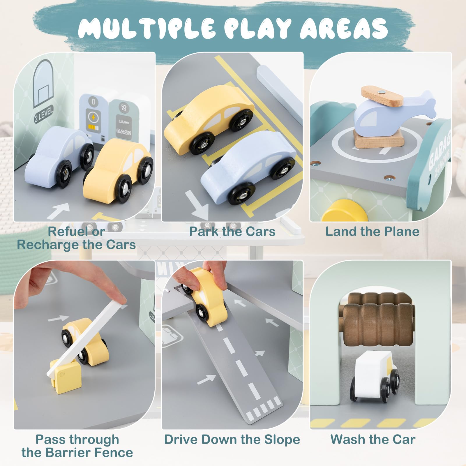 HOMASIS Set di garage a 3 piani, parcheggio in legno con 4 auto, eliporto, stazione di servizio, ascensore, lavaggio auto, garage giocattoli di ruolo per bambini dai 3 anni in su, 50 x 40 x 47 cm,