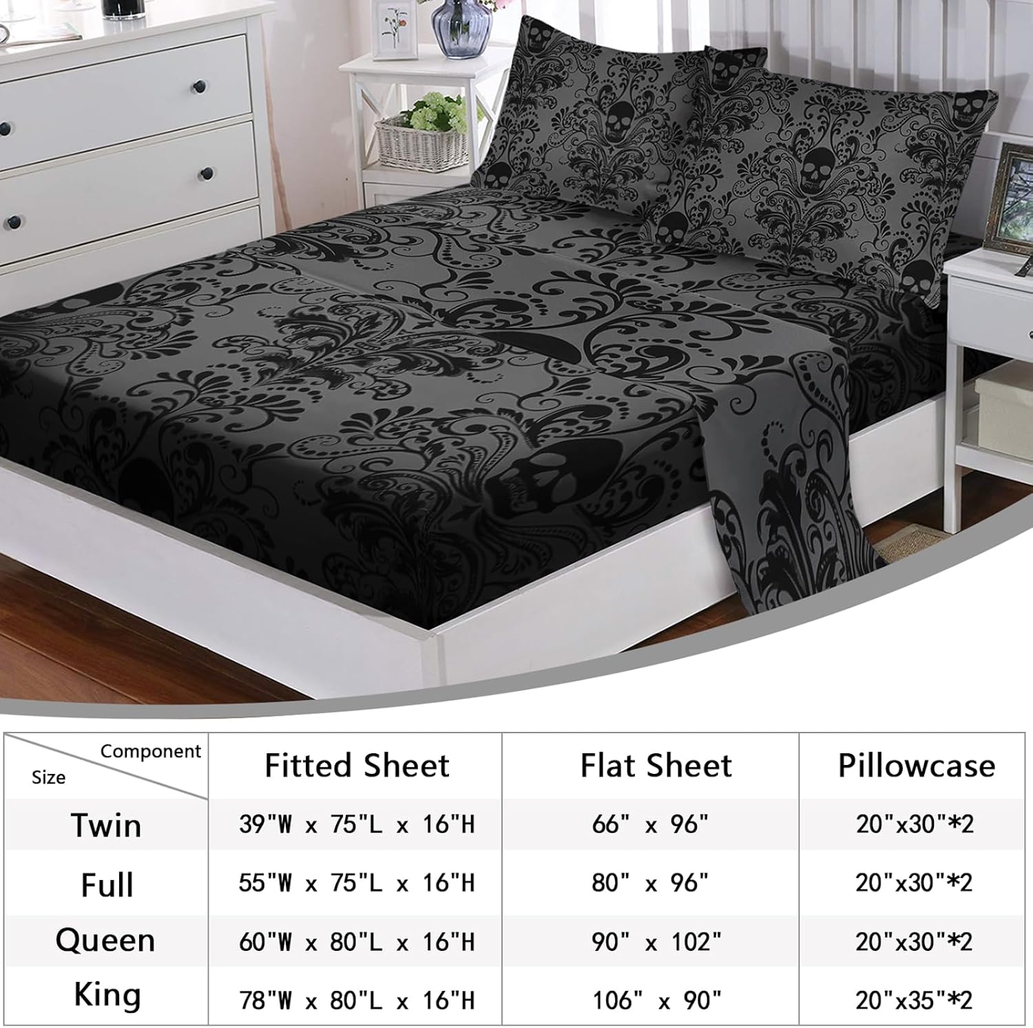 AILONEN 4-Piece Black Goth Skull Fitted Sheet Set King Size,Floral Gothic Skull Bed Sheet Set for Bedroom Decor,Boho Tree of Life Fitted/Flat Sheet with 2 Pillowcases