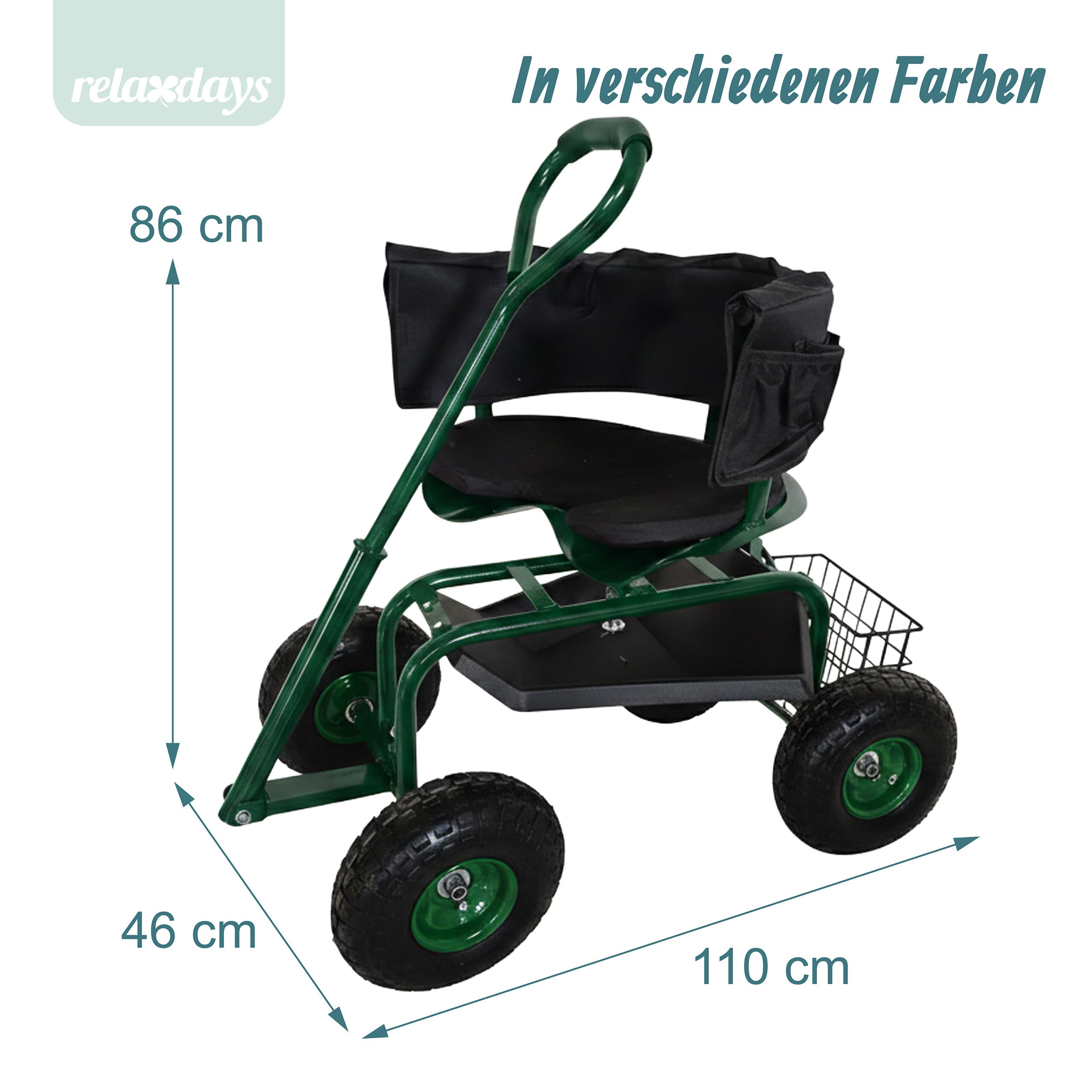 Relaxdays fahrbarer Gartensitz, höhenverstellbar, 150 kg, Stauraum, Lenkstange, Sitzkissen, Lehne, Gartenwagen, grün