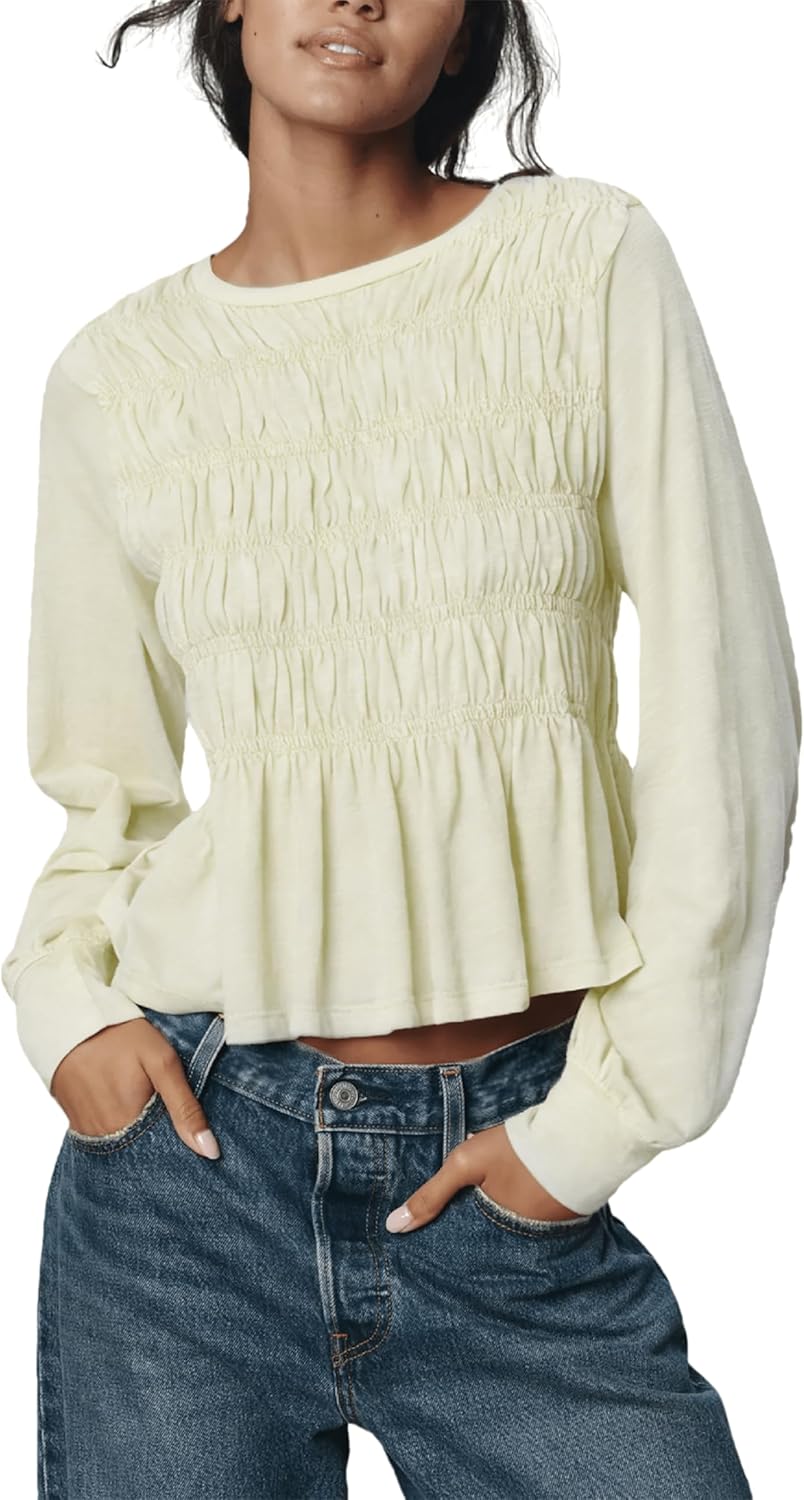 OPCAKM Womens Smocked Shirred Peplum Blouse Long Sleeve Crew Neck Ruffle Babydoll Tunic Chic Slimming Pullover Top