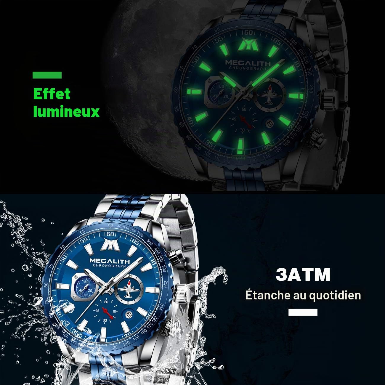 MEGALITH Montre Homme Acier Chronographe Quartz Grand Cadran Montres Bracelets Etanche Lumineuses Date - Cadeaux pour Hommes