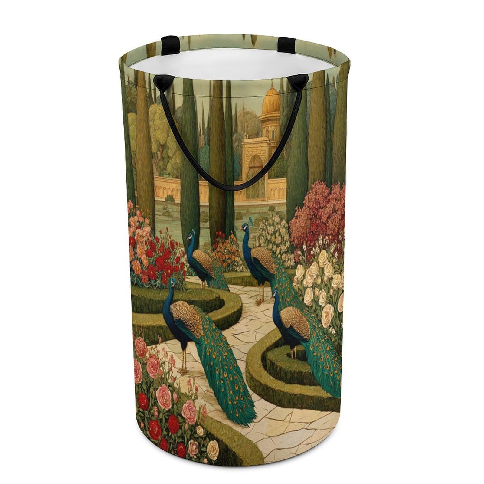 LUYYSKY Modern Realistic Elegant Peacock Collapsible Dirty Clothes Basket, Vintage Rustic Spring Garden Animal Peacock Plant Floral Portable Clothes Storage Laundry Basket-40 CM Dia, 69 CM High
