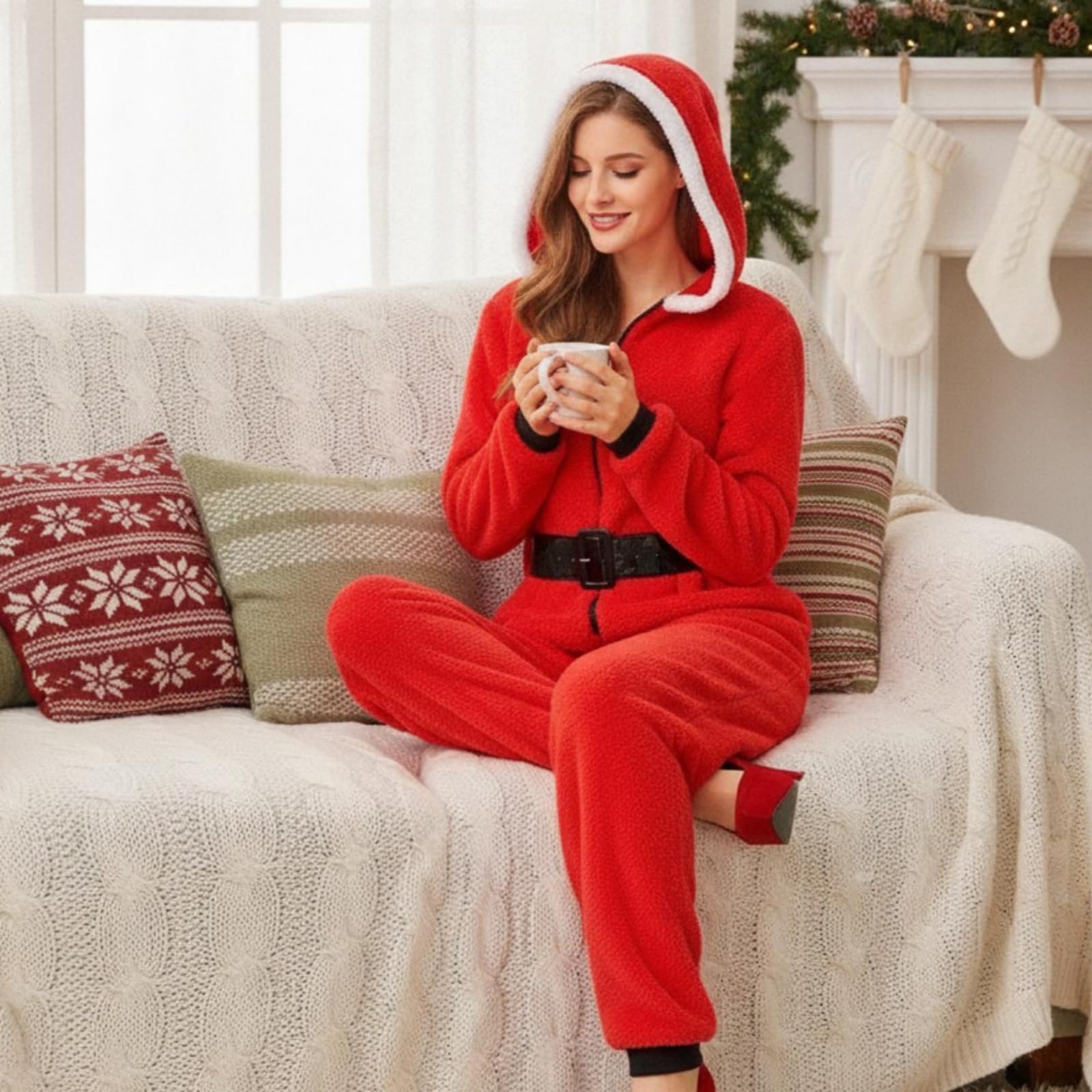 TISHITA Combinaison de Fête Femme Combinaison Pyjama Tenue One Piece Survêtement avec Capuche Chaude Finitions Fermeture Devant Ceinture au Taille en