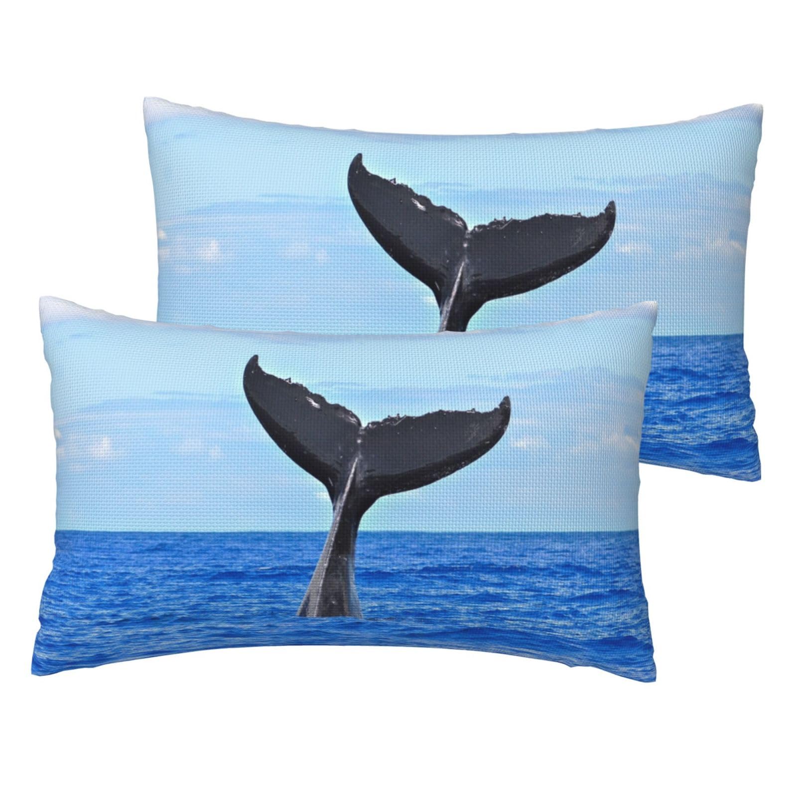 Housses de coussin imitation lin imprimé queue de baleine lot de 2 déco salon canapé