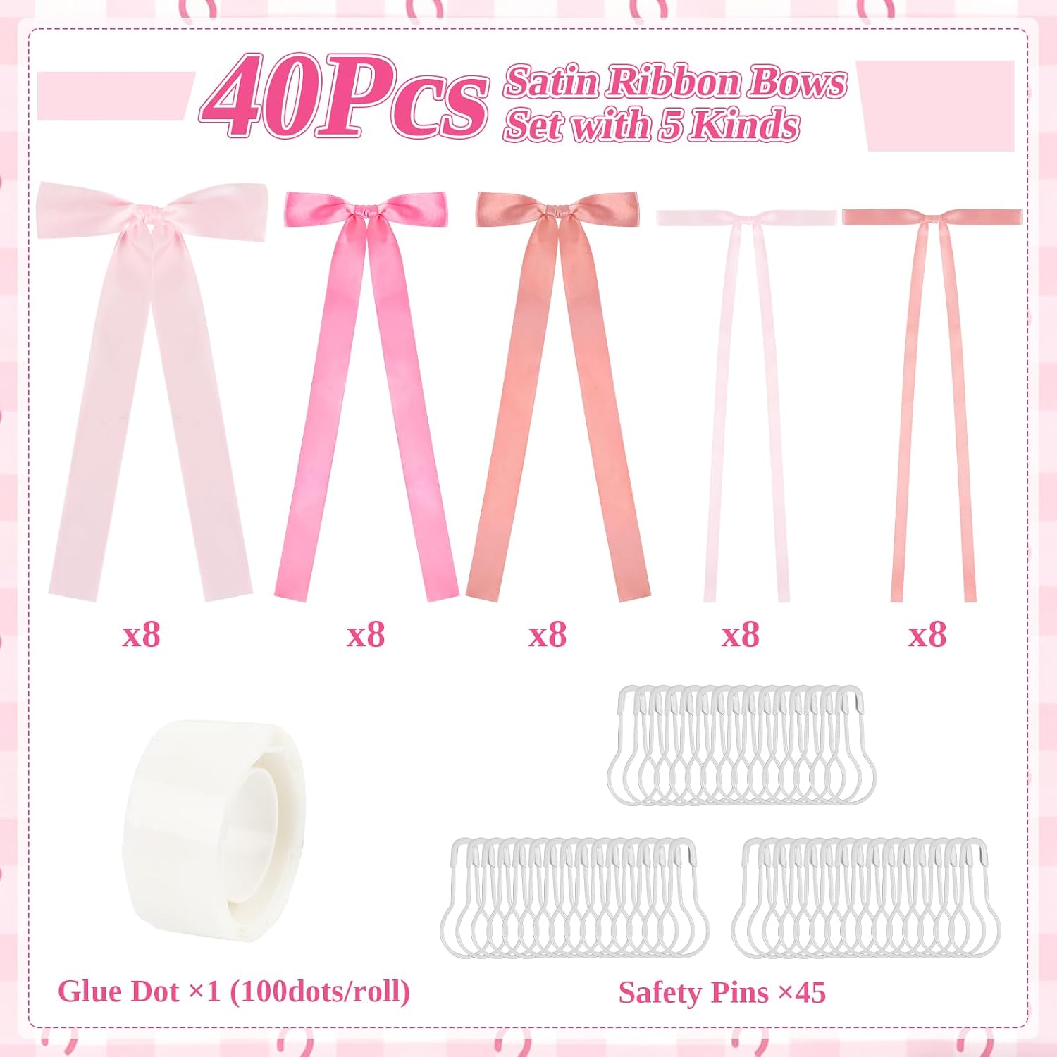 STEFORD 40 Pcs Pink Ribbon Bows Wall Decor in 5 Styles, DIY Reusable Photo Backdrop Pink Satin Bows Garland for Birthday Party Baby Shower Wedding Coquette Bedroom Backdrop Decoration for Girls