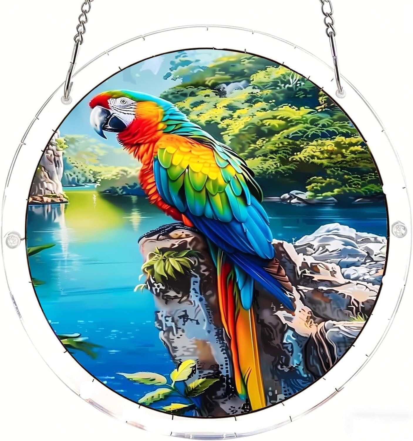 The Beautiful Parrot Standing on The Rock Acrylic Jigsaw Puzzles Suncatcher, 7.4 Inch Window Hanging Suncatcher Acrylic Puzzle, DIY Home Decor Art Gift