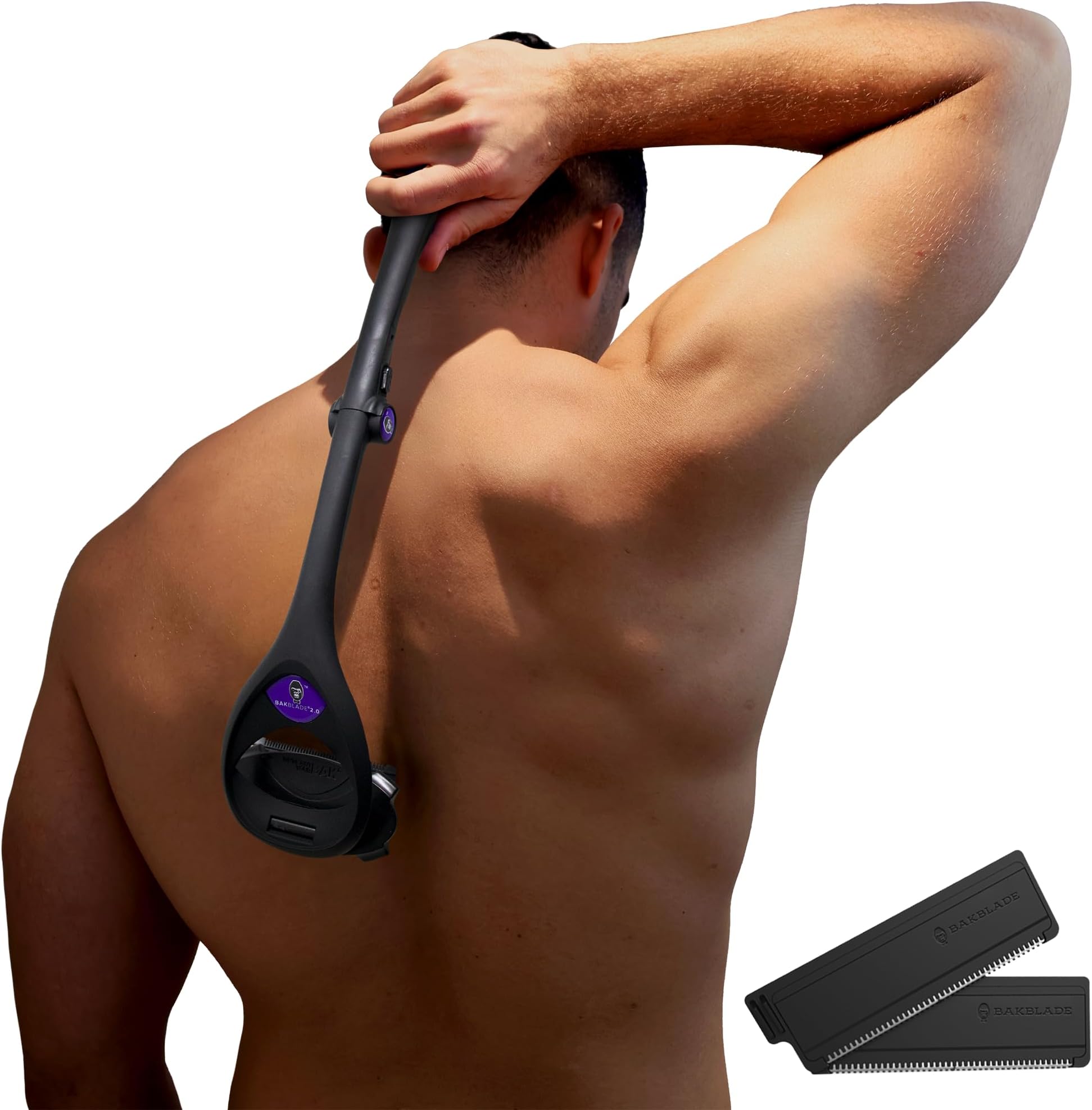 baKblade 2.0 - Back Hair Removal and Body Shaver (DIY), Ergonomic Handle, Shave Wet or Dry | 2 Rows of Blades, Ergonomic Foldable Handle, Wet & Dry Shaving, Includes Our Safe Dryglide Blades
