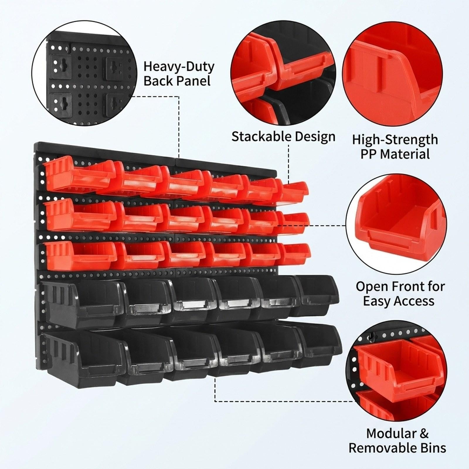 kowaku 30 Contenitori per Riporre Attrezzi con Pannello Forato, Facile Accesso Ai Componenti, Organizer per Utensili, Forniture per Ufficio, Garage, Rosso Nero