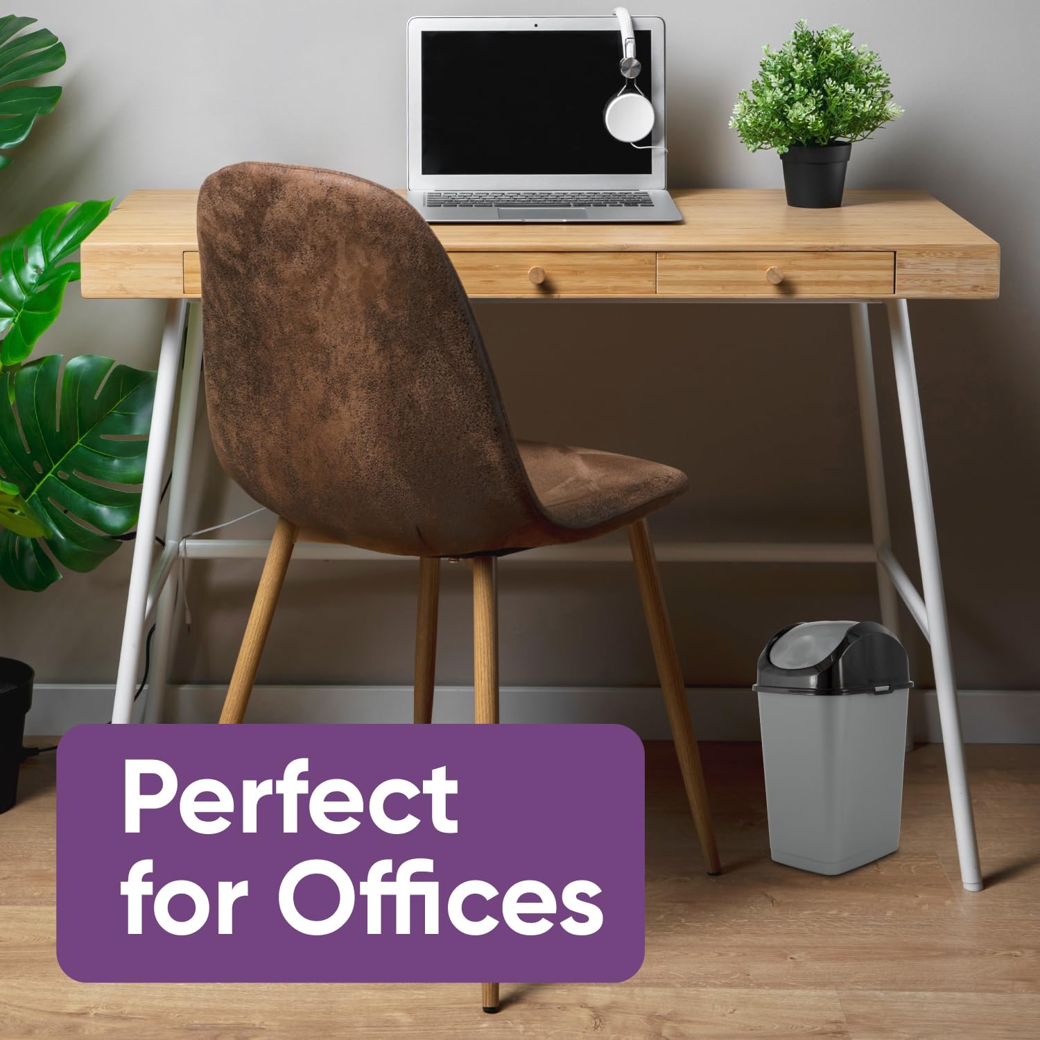 Superio Small 2.5 Gallon Plastic Trash Can with Swing Top Lid, Compact Slim Waste Bin for Under Desk, Office, Bedroom, Bathroom, Dorm Room, 10 Qt. Portable Garbage Can (Grey/Black, 2 Pack)