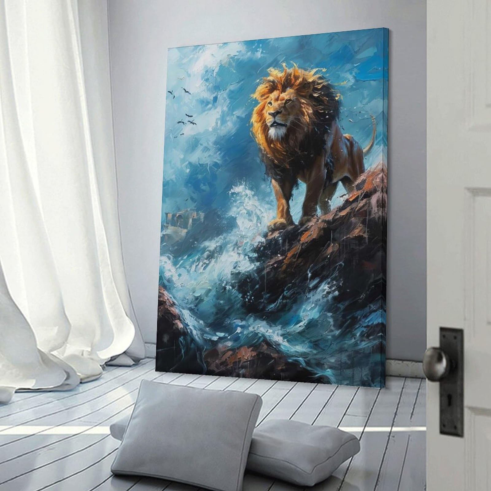 Junmoney Seaside Lion Majesty Room Decor Wall Art, 20x30inch(50x75cm), for Living Room, Lounge Or Sitting Room, A Home Accent with Warm Character