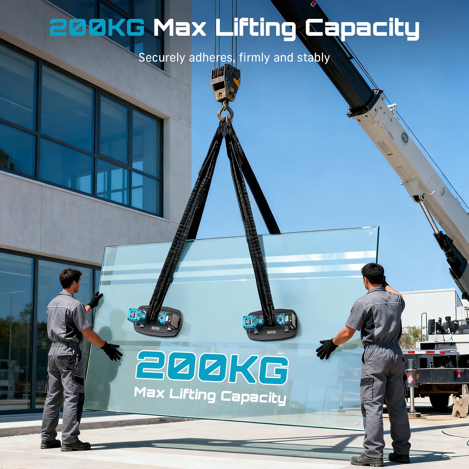 SEESII Saugheber Akku for Fliesen/Terrassenplatten, 21V Glassauger mit 2x 2000mAh Akkus, LED-Display, 200KG Tragfähiger, 11.8-Zoll Vakuum Saugheber, Vakuumheber Kompatibel mit Makita 18V-Batterie