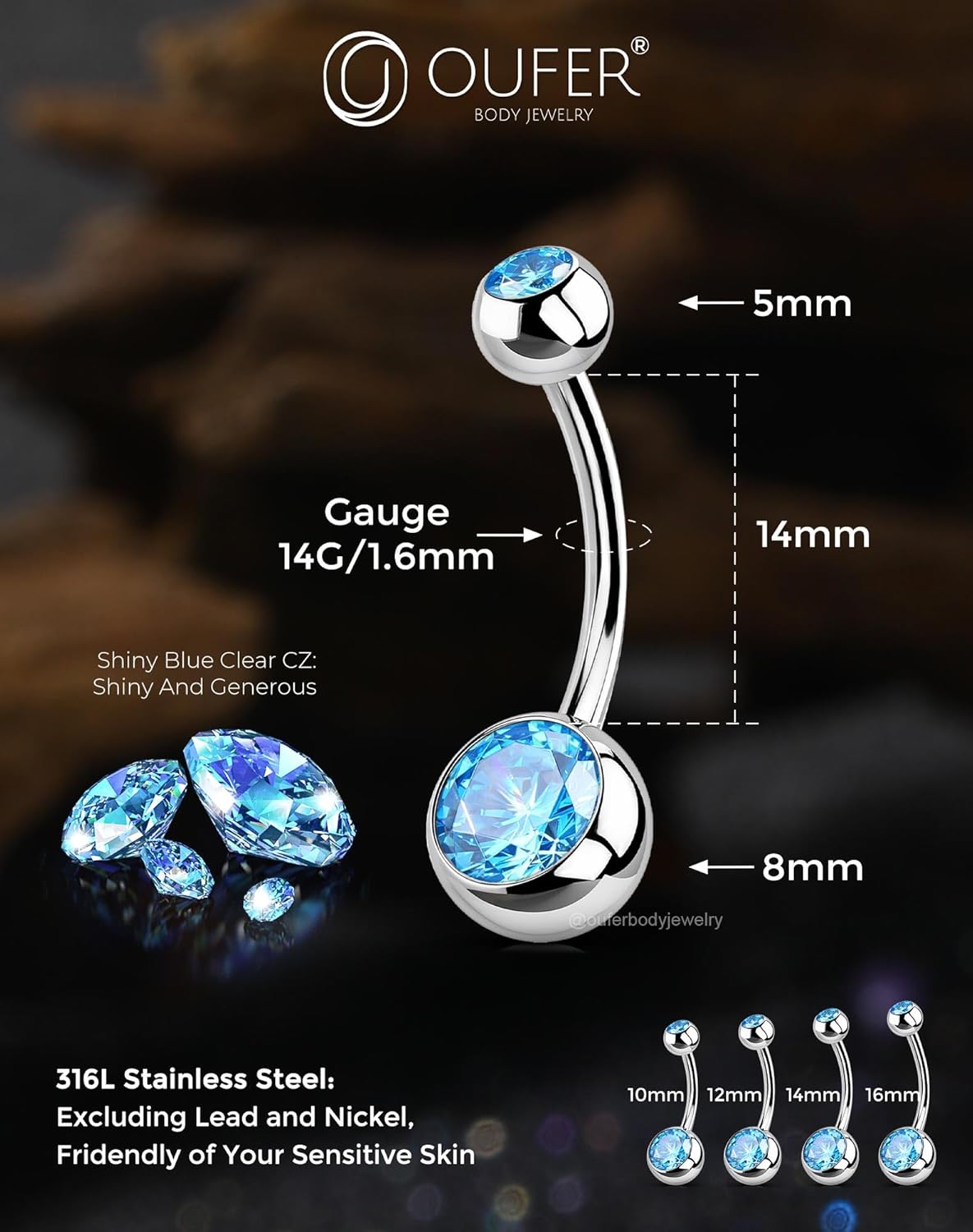 OUFER Belly Button Rings Surgical Stee, Internally Threaded Belly Rings, 14G Belly Piercing Jewelry, Belly Button Rings, Navel Piercing Jewelry For Women Men - Image 6