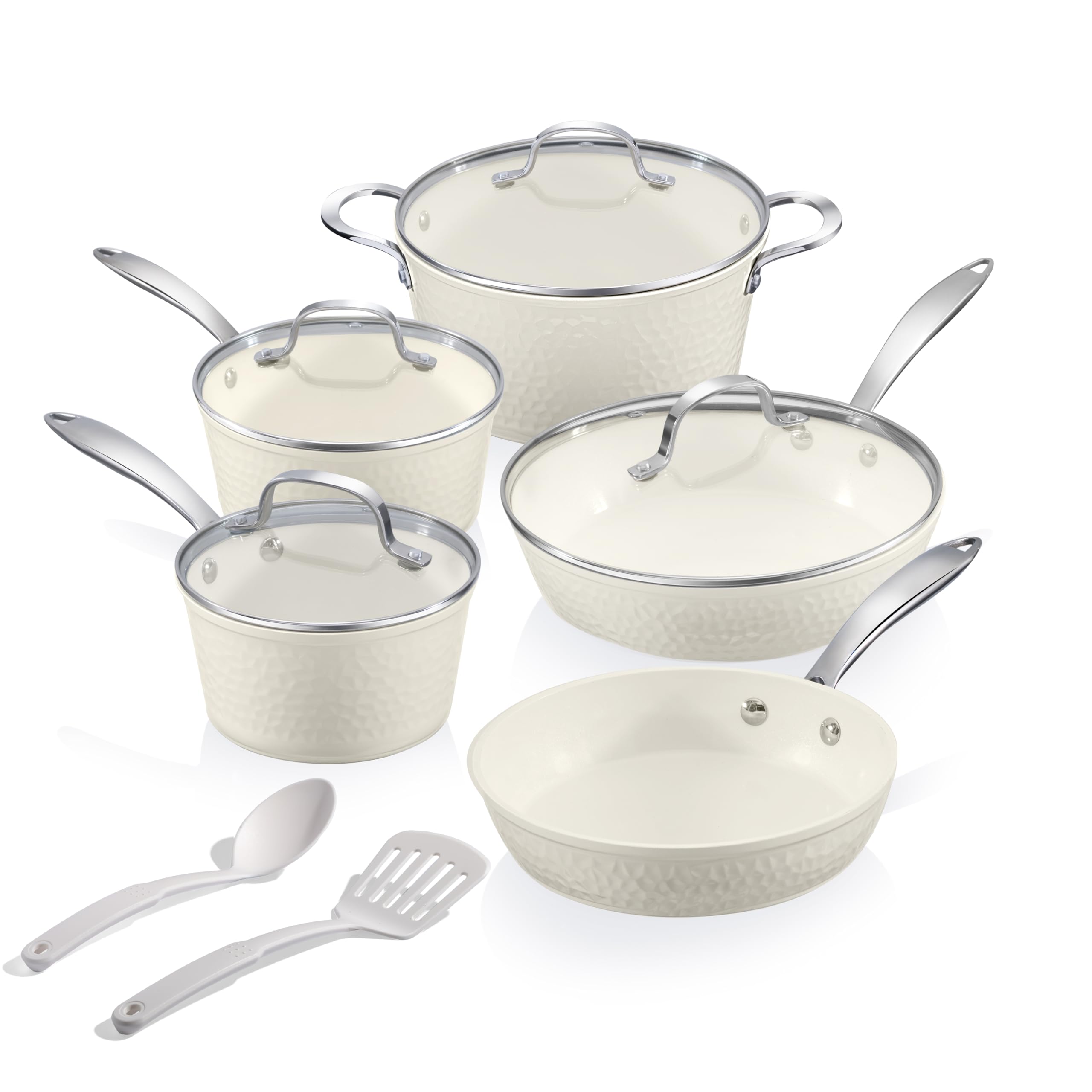 GOTHAM STEEL Hammered 10 Pc Ceramic Pots and Pan Set Non Stick, Ceramic Cookware Set Non Toxic Made Without PFOA PFOS, Lightweight, Induction Ready, Oven and Dishwasher Safe