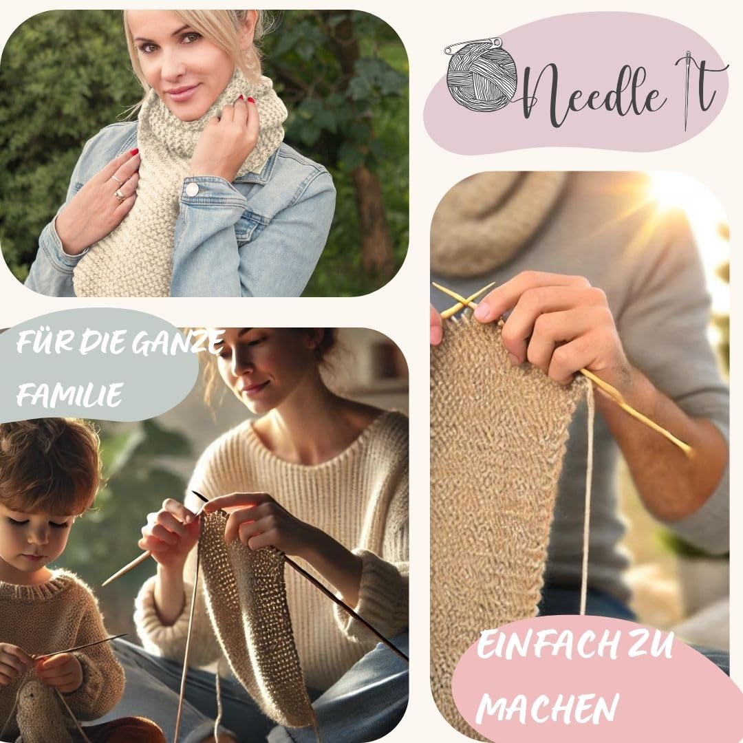 Komplettes Strickset für Anfänger mit Stricknadeln - Strickschal aus Wolle - Geschenkidee (Grau)