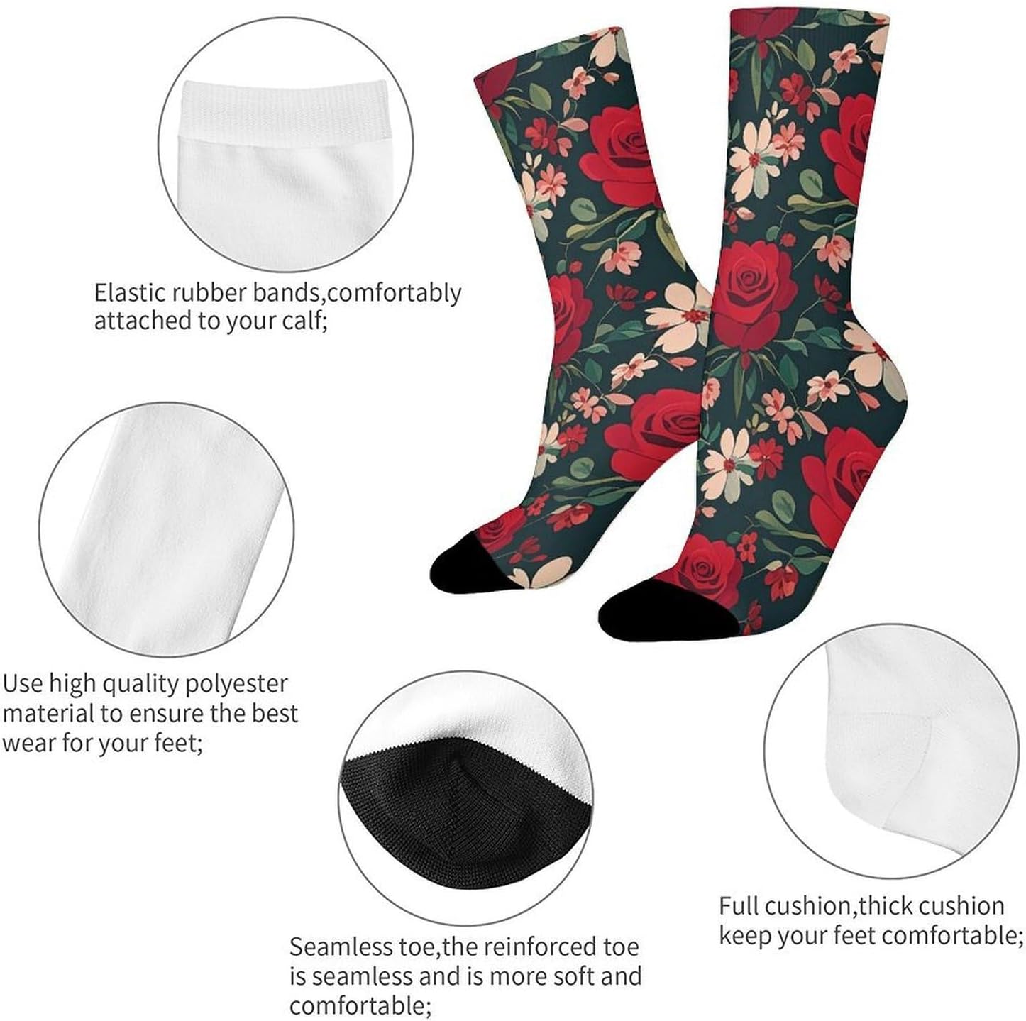 Moisture Wicking Socks, Breathable, Lightweight Crew Sock, Casual | Vintage Flower Red Rose Work Socks for Women Men, Elastic Soft Boot Socks for Travel, Seamless