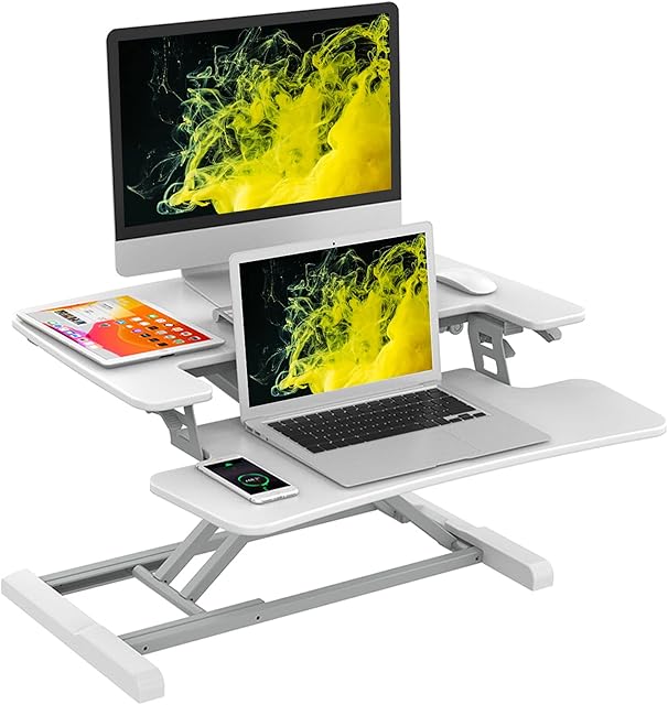 FLEXISPOT Sit Stand Desk Standing Desk Height Adjustable Desk Converter- 28.4 Inch Wide Work Surface M17W (SMALL,WHITE)