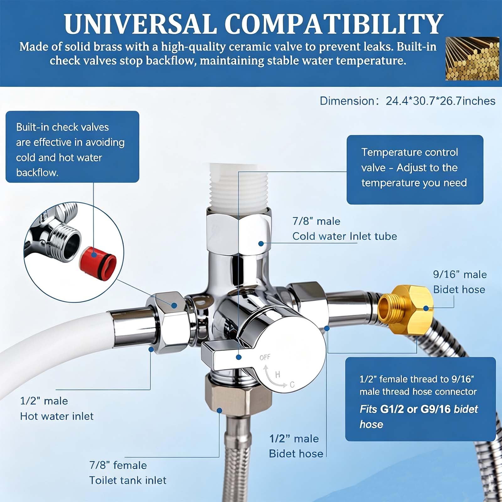SonTiy Heiß- und Kalt-Bidet-Mischventil-Set, Upgrade-Messing, 4-Wege-Warm-Bidet-T-Adapterventil für Hand-WC-Sprüher, Sitz-Bidet-Aufsatz mit zwei T-Verbindern und 200,7 cm Brauseschlauch