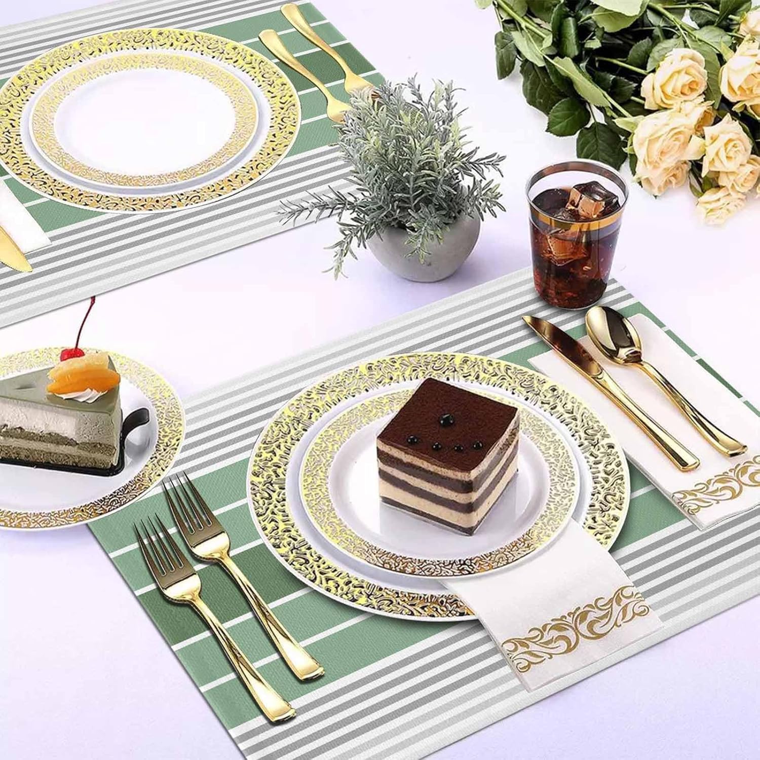 Placemats Set of 4, Farmhouse Sage Green Gray Gradient Stripe Minimalist Non Slip Table Mats 13x19 in, Heat Insulation Dining Placemats for Wedding Party Kitchen Decor