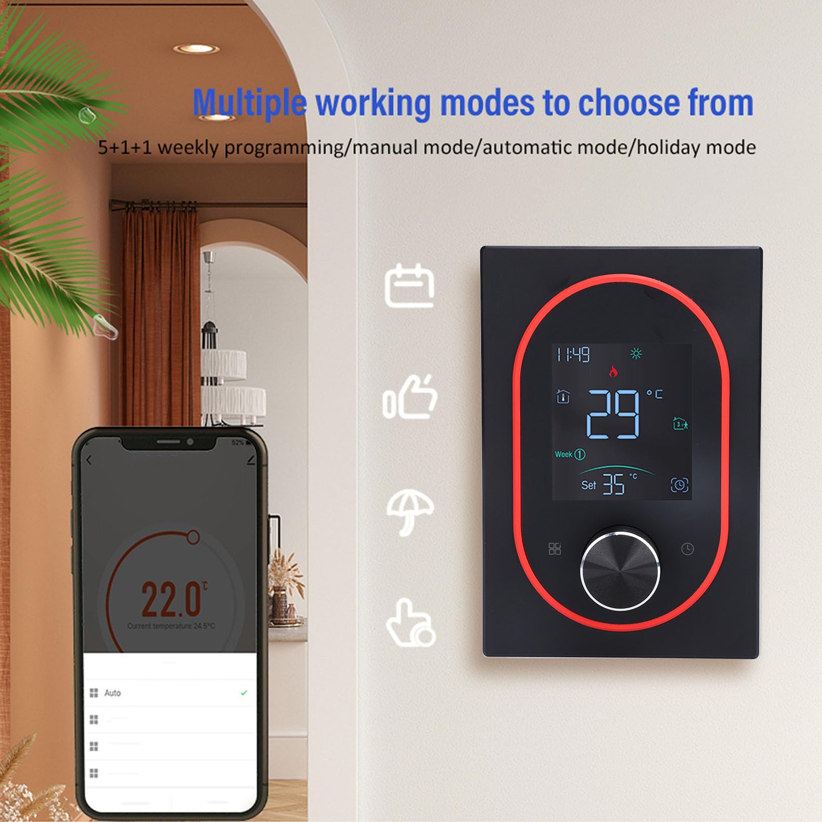 Termostato Intelligente, Termostato Programmabile con Schermo a Colori, Termostato Idraulico con Controllo Tramite App, Memoria di Archiviazione, Supporto per (Regolare)