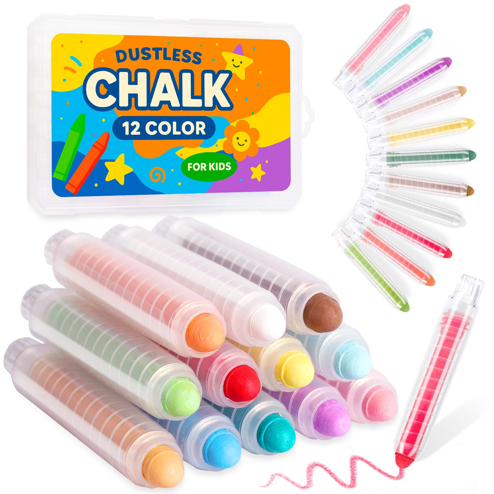 Photo 1 of Dustless Chalk for Kids Indoor Chalkboard, 12 Colors Washable Sidewalk Chalk Set with Protective Box, Mess-Free for Drawing on Chalkboards Papers Sidewalks, Perfect for Toddlers Boys Girls Kids