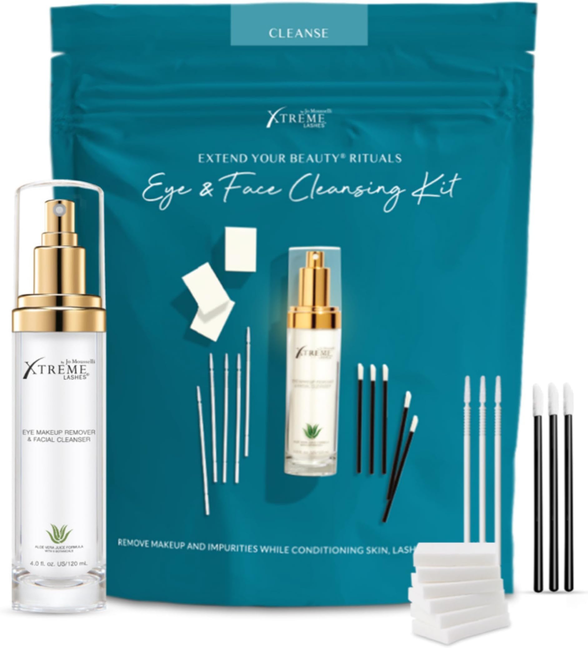 - Xtreme Lashes Extend Your Beauty Rituals Eye & Face Cleansing Kit, Eye Makeup Remover & Facial Cleanser Liquid Pump 4 Fl Oz, 25 Lint Free & Long Applicators, 40 Cosmetic Sponges, Lash Extension Safe