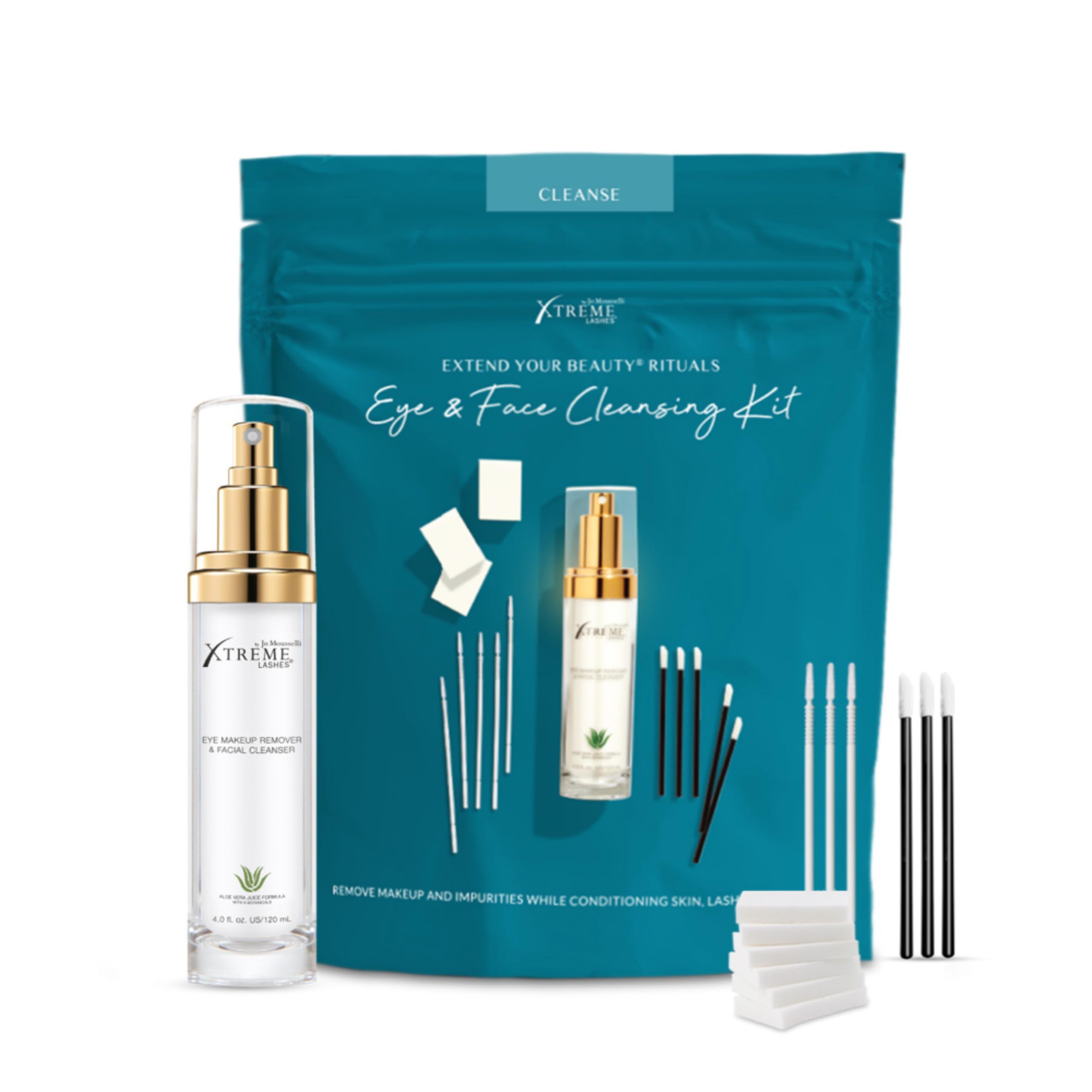 - Xtreme Lashes Extend Your Beauty Rituals Eye & Face Cleansing Kit, Eye Makeup Remover & Facial Cleanser Liquid Pump 4 Fl Oz, 25 Lint Free & Long Applicators, 40 Cosmetic Sponges, Lash Extension Safe