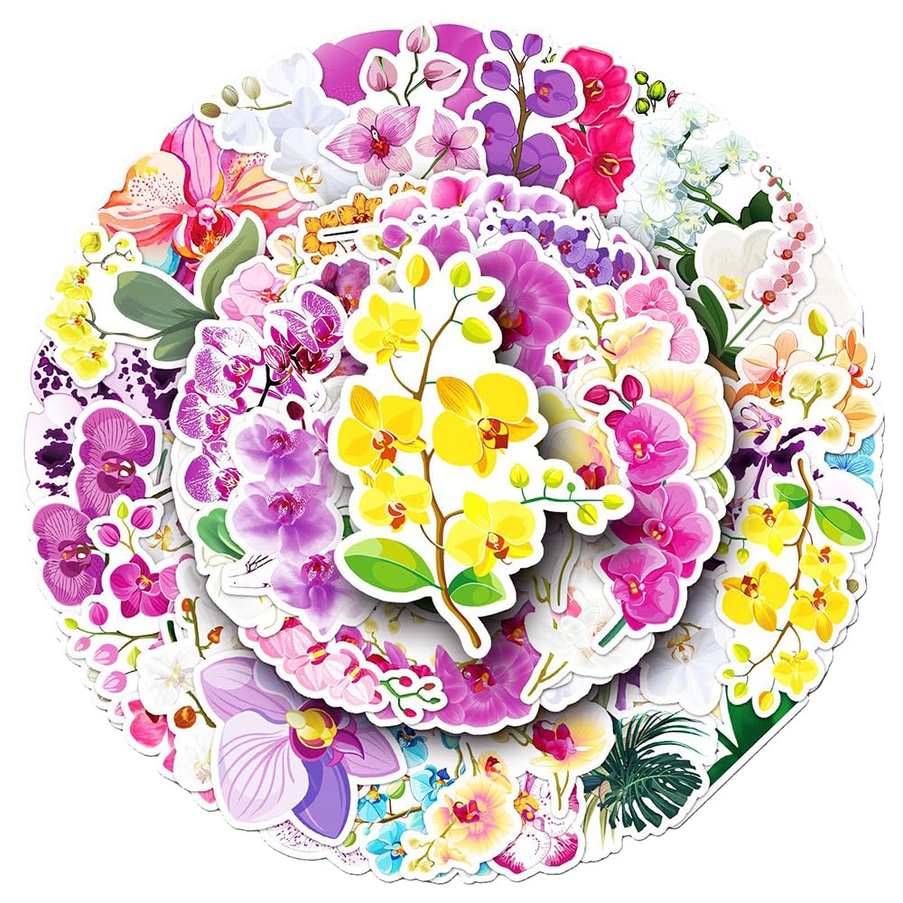 Elegant Orchid Flowers Vinyl Stickers, 50 PCS Waterproof Realistic Floral Decals for Laptops, Scrapbooking, Journals, Notebooks, Water Bottles,