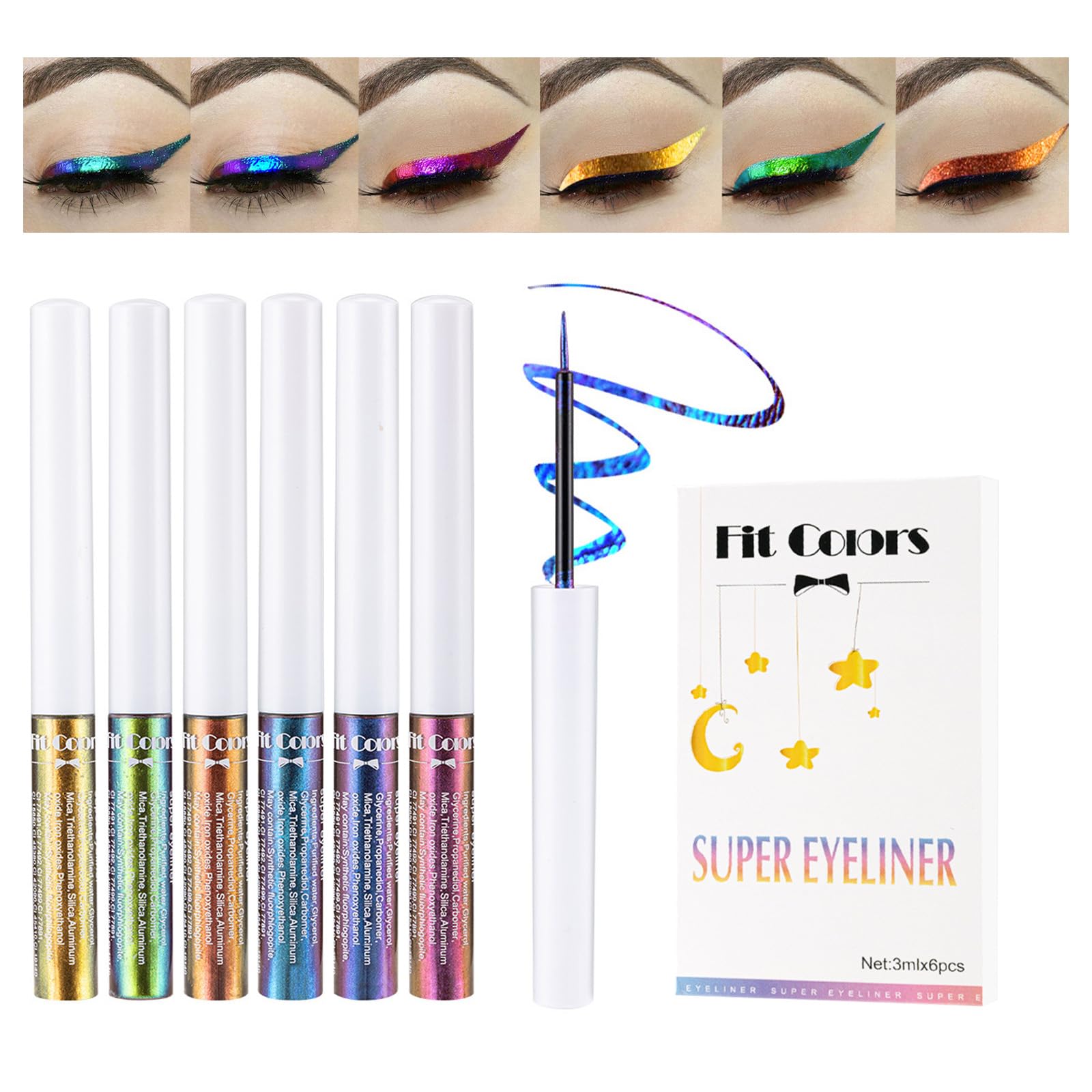 Wimony 6 Color Glitter Eyeliner Set, Metallic Liquid Chameleon, Waterproof Smudgeproof Long Lasting Coloured