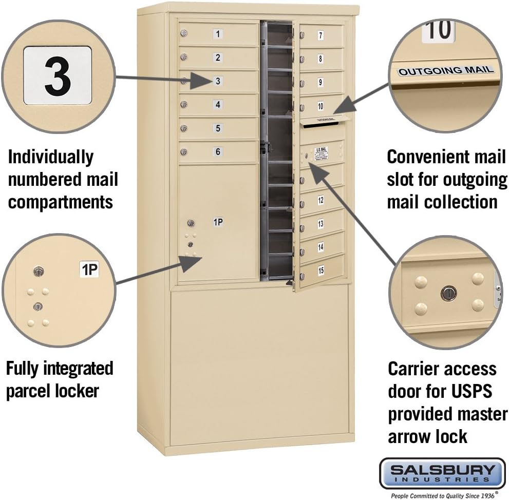 Salsbury Industries Salisbury Industries 3911D-15SFU, Front Loading, Double Column, 15 MB1 Doors, 1 PL5, USPS Access, Sandstone Free Standing Horizontal 4C Mailbox