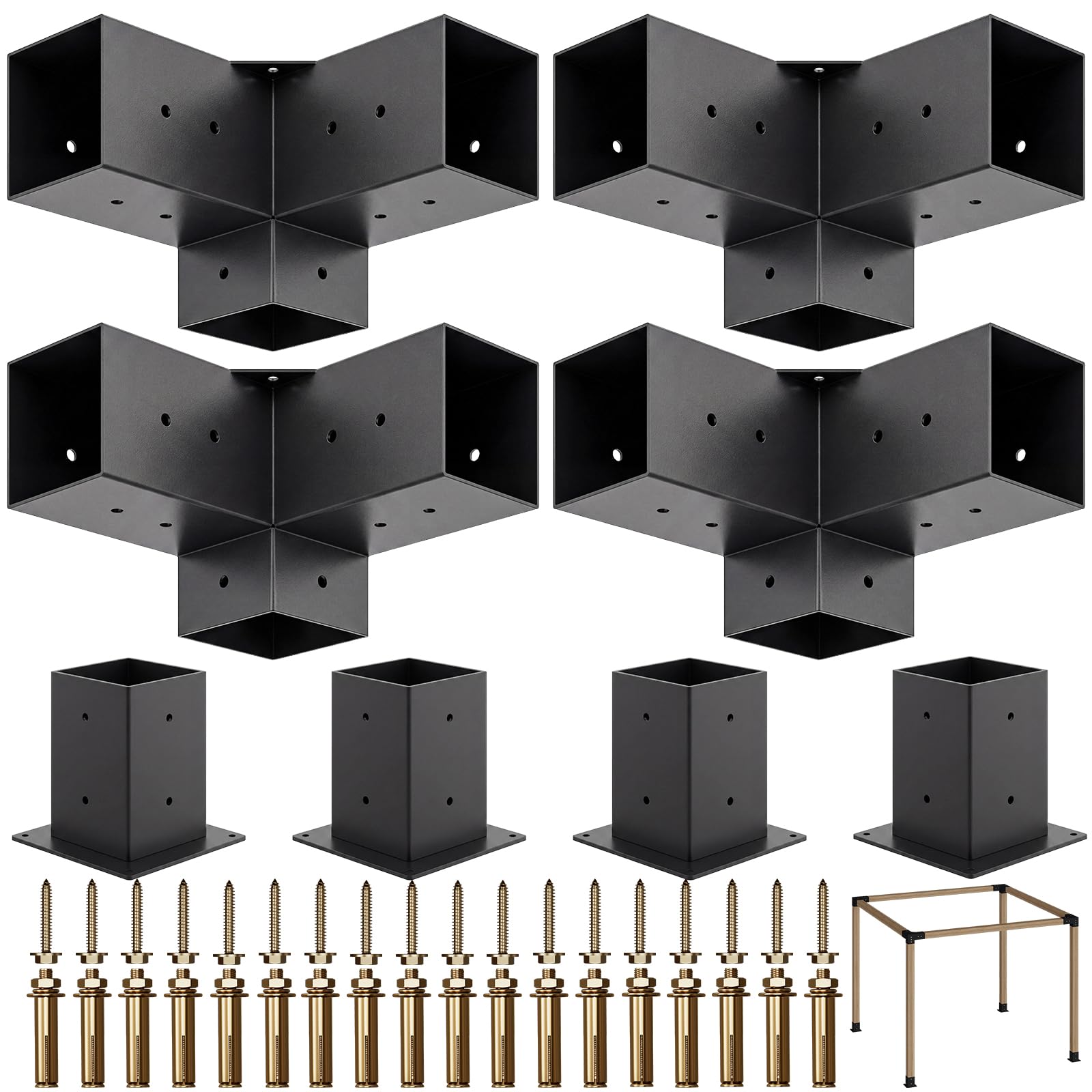 8 PCS Pergola Gazebo Brackets-Kits, 4x4'' (Actual: 3.5x3.5''), 4Pcs 3-Way and 4Pcs One-Way DIY Pergola Corner Bracket Wood Beams, Metal Bracket Suitable for Outdoor Pergolas,Gardens