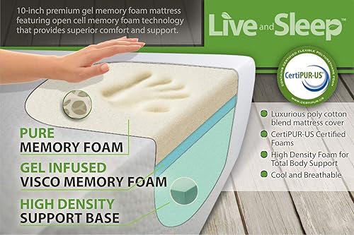 Miniatura 6 de Live and Sleep Resort Elite Colchón de espuma viscoelástica de gel refrigerante de 10 pulgadas con almohada de espuma viscoelástica, Memory Foam
