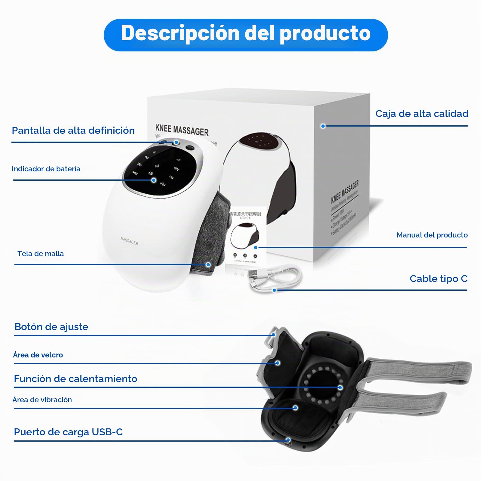 Masajeador de rodilla inalámbrico con pantalla multifunción,masajeador de rodilla infrarrojo con funciones de temperatura y vibración regulables para aliviar el dolor en las articulaciones de rodilla