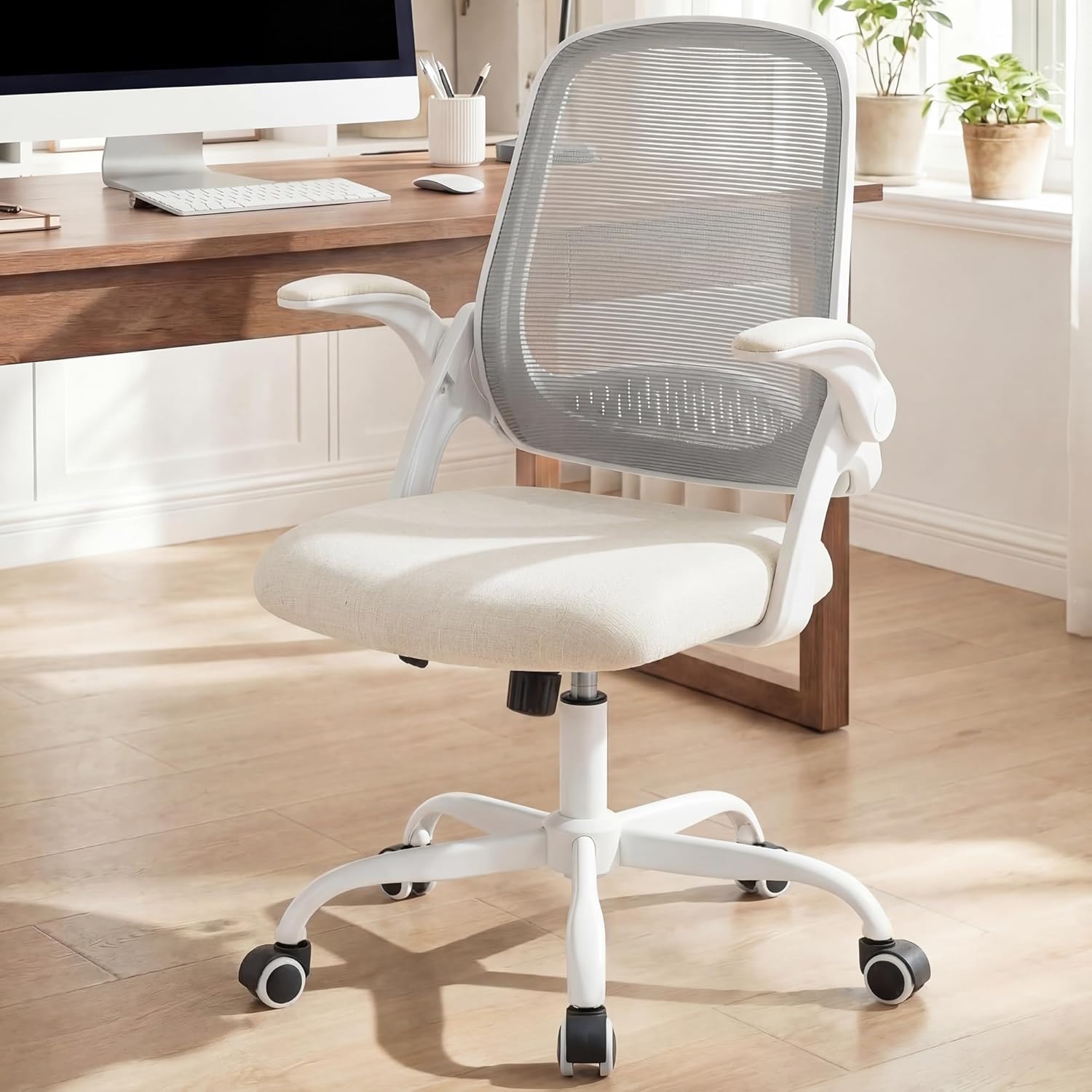 NEO CHAIR Office Chair Computer Desk Chair Ergonomic Gaming Comfy Mesh with Flip-up Arms Lumbar Support Adjustable Height Rolling Wheels for Home Office (Ivory)