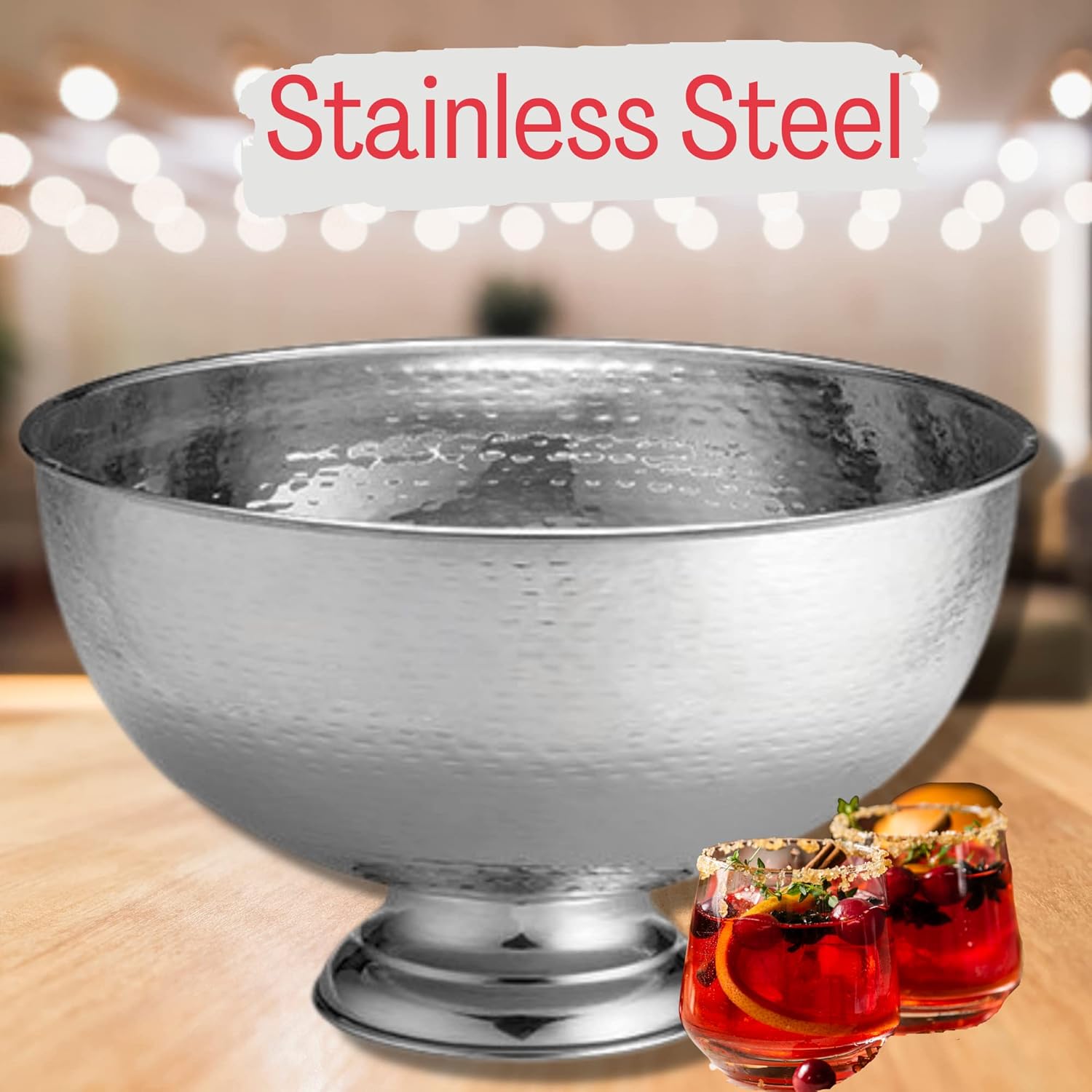 TableCraft RPB1513 Hammered Pedestal Punch Bowl, Large Silver Stainless Steel, 54 Cup Capacity, 3.4 Gallon, Ideal for Serving Hot and Cold Drinks, Champagne, Cocktails, Sangria, Juice, Elegant Design