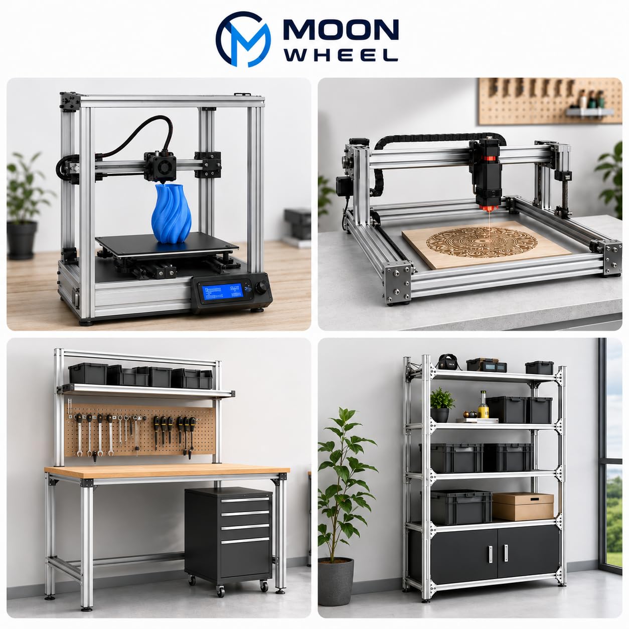 Moon Wheel Aluprofil 30x30mm Set Nut 8 Profil 2 Stück 1000 mm inkl. Zubehör, Eloxiertes Aluminium Konstruktionsprofil, DIY, 3D-Drucker, CNC