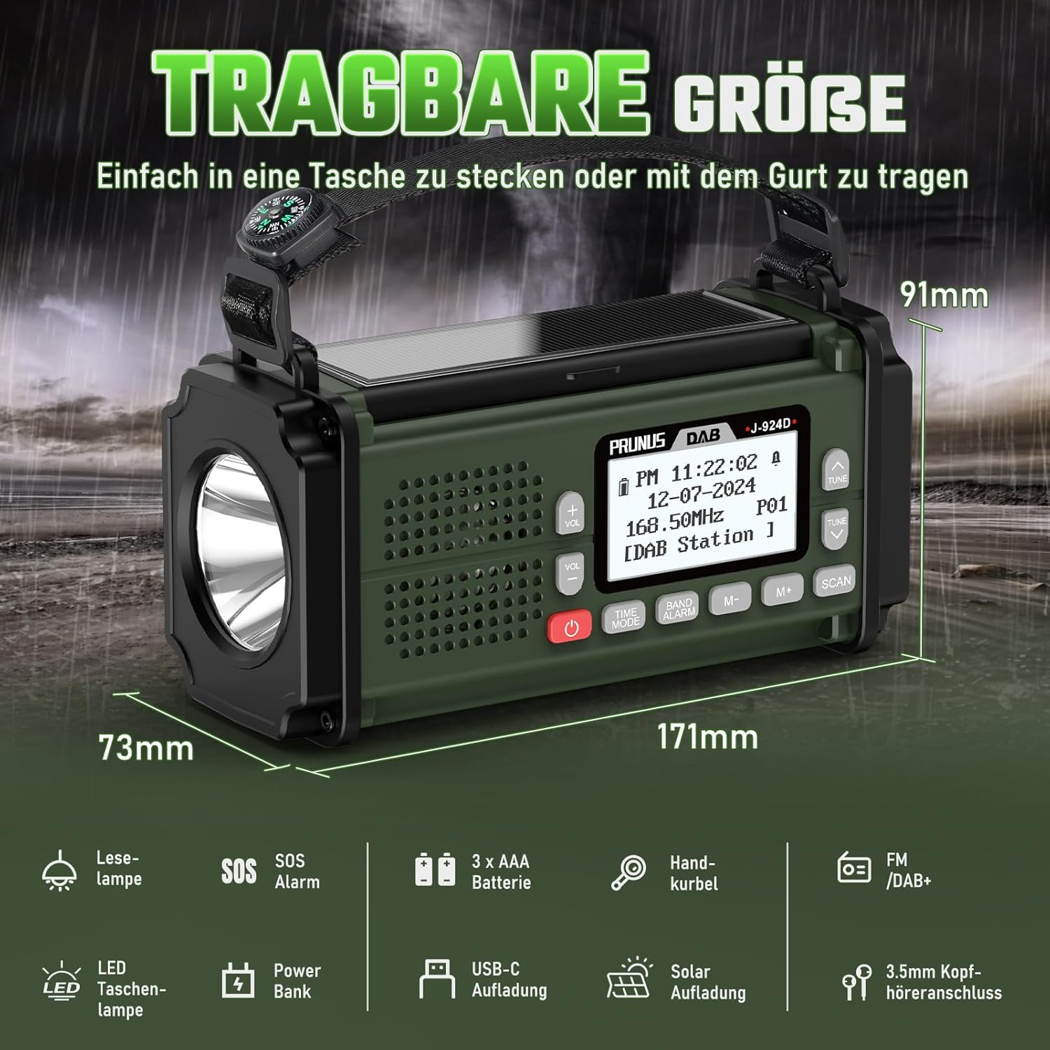 PRUNUS J-924 radio with dimensions (171mm x 91mm x 73mm) and icons for reading lamp, SOS alarm, 3x AAA battery, hand crank, FM/DAB+, LED flashlight, power bank, USB-C charging, solar charging, and 3.5mm headphone jack.