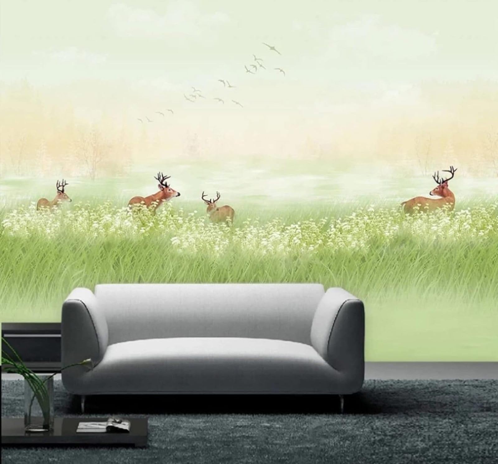 XLMING Fresh Green Grassland Sika Deer Landscape 3D Wallpaper Luxury Silk Study Dining Feature Sofa Grey Bedroom Living Room Tv Decorative Wall-400cm×280cm