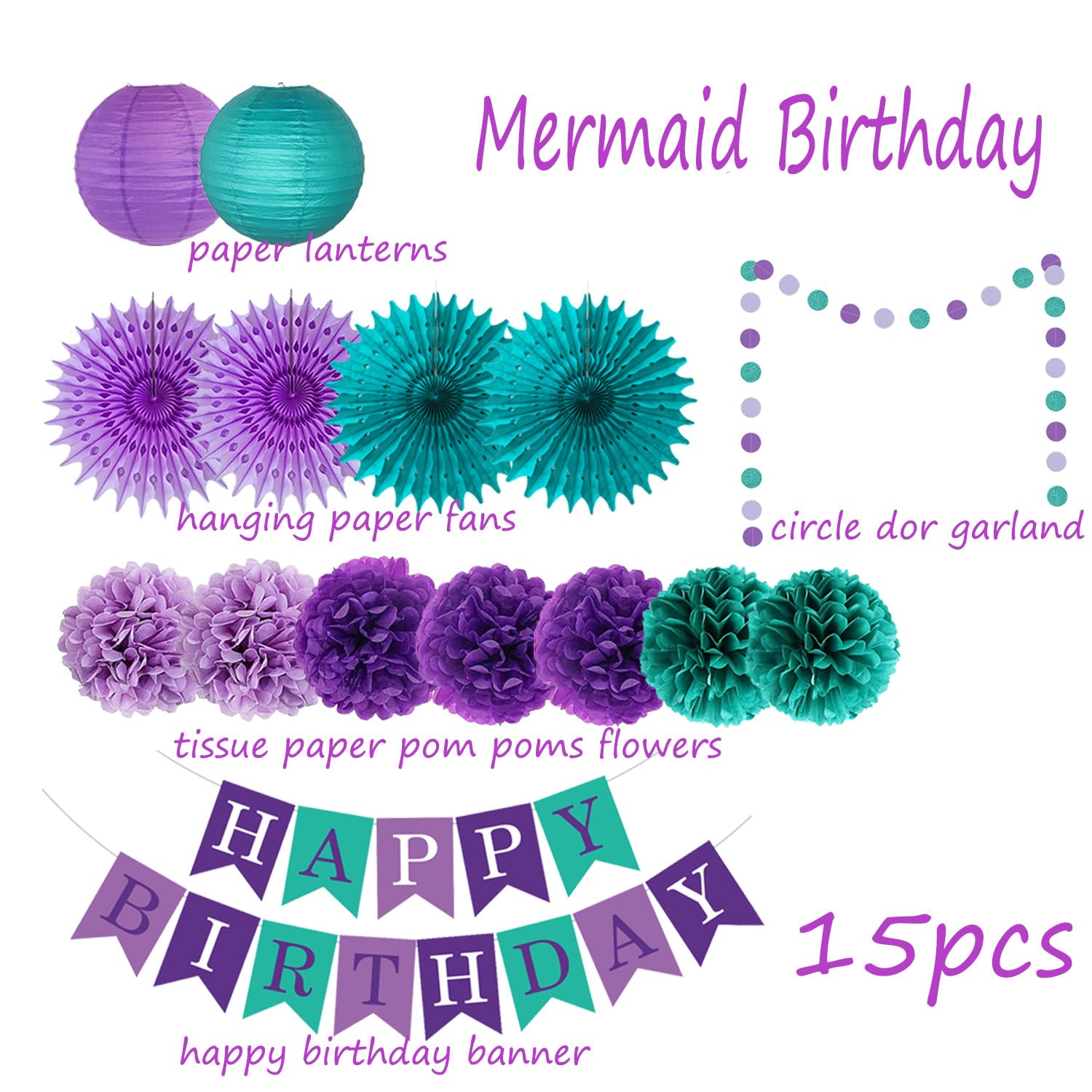 Teal Viola Lavanda Decorazioni per feste Sirena Festa di Compleanno Tessuto Pom Pom Fiori Lanterne Buon Compleanno Banner Dots Ghirlanda sotto il mare Festa Ragazze Baby Shower Party Decorazione