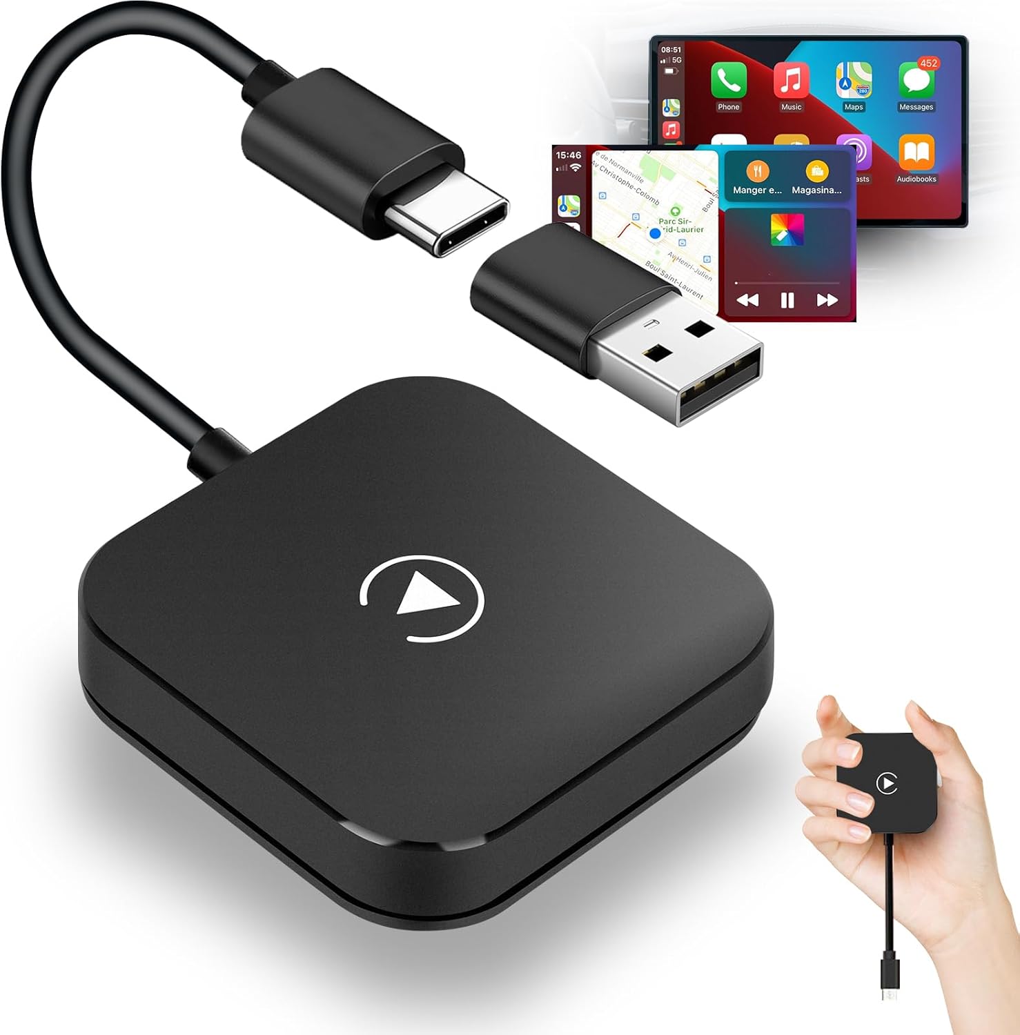 Wireless CarPlay Adapter for Factory Wired CarPlay - Wired to Wireless Carplay Dongle Plug and Play Auto Connect - Bluetooth Carplay Adapter with USB Type-C Port